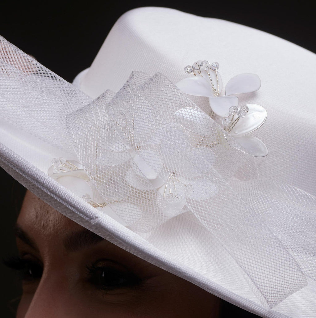 White Bridal Hat with Pearls and Flowers – Bridal Port, view 3