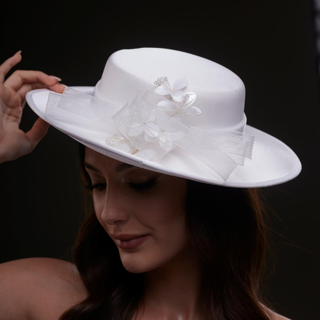 White Bridal Hat with Pearls and Flowers – Bridal Port, view 4