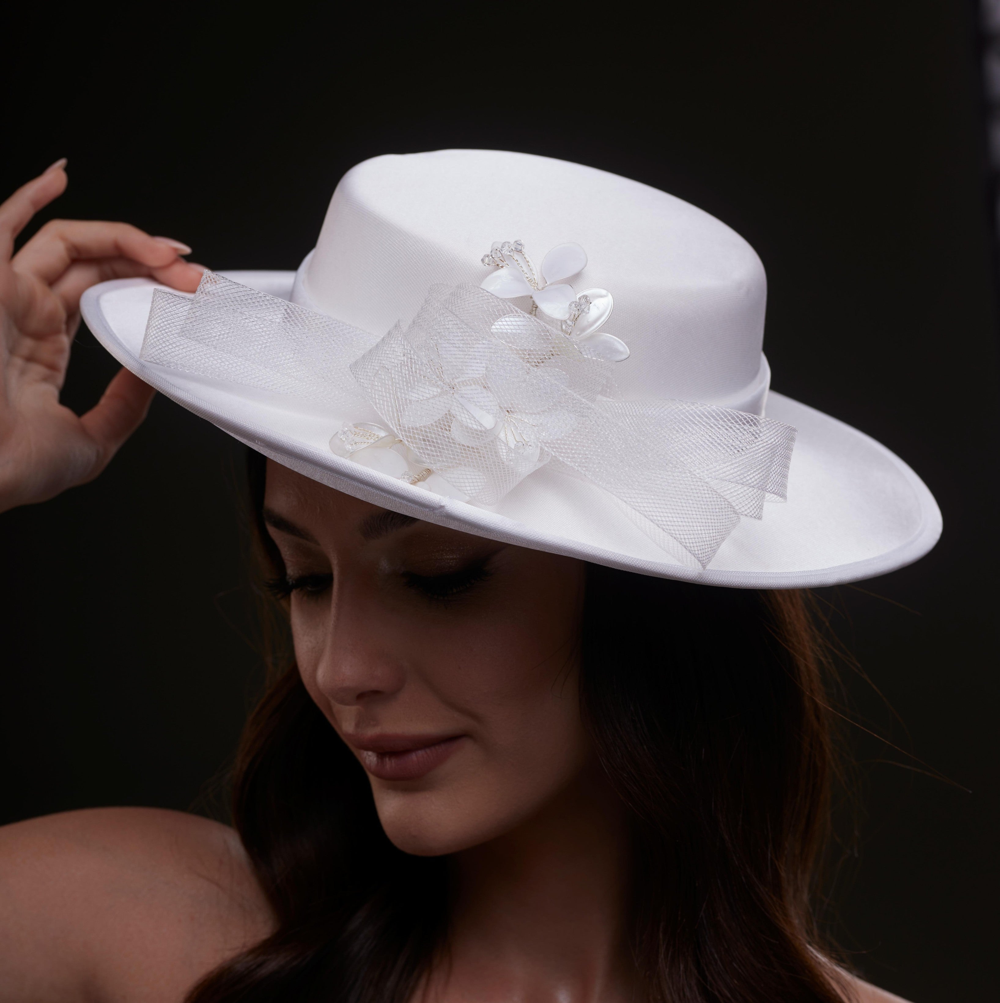 White Bridal Hat with Pearls and Flowers – Bridal Port, view 4