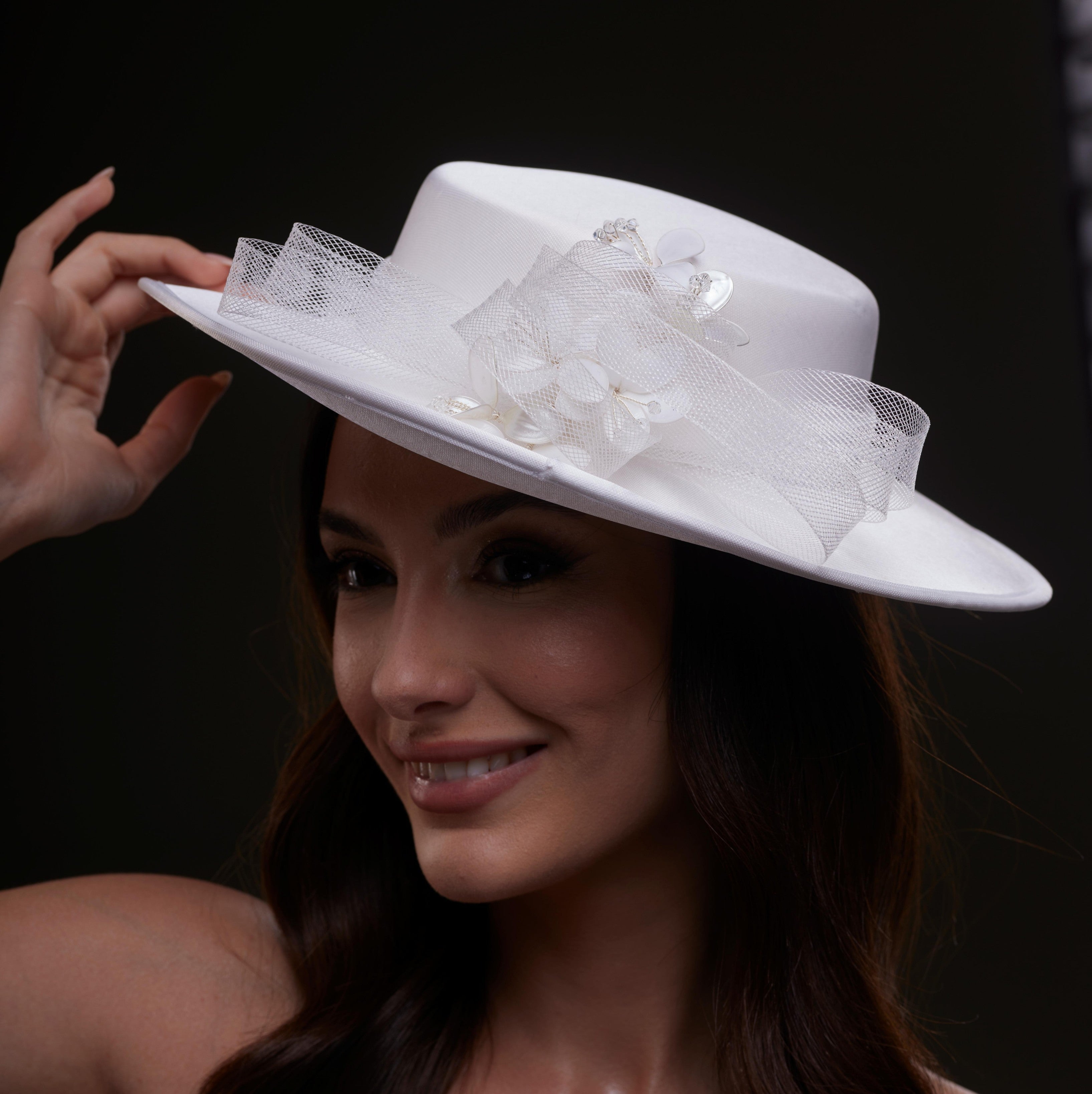 White Bridal Hat with Pearls and Flowers – Bridal Port, view 5
