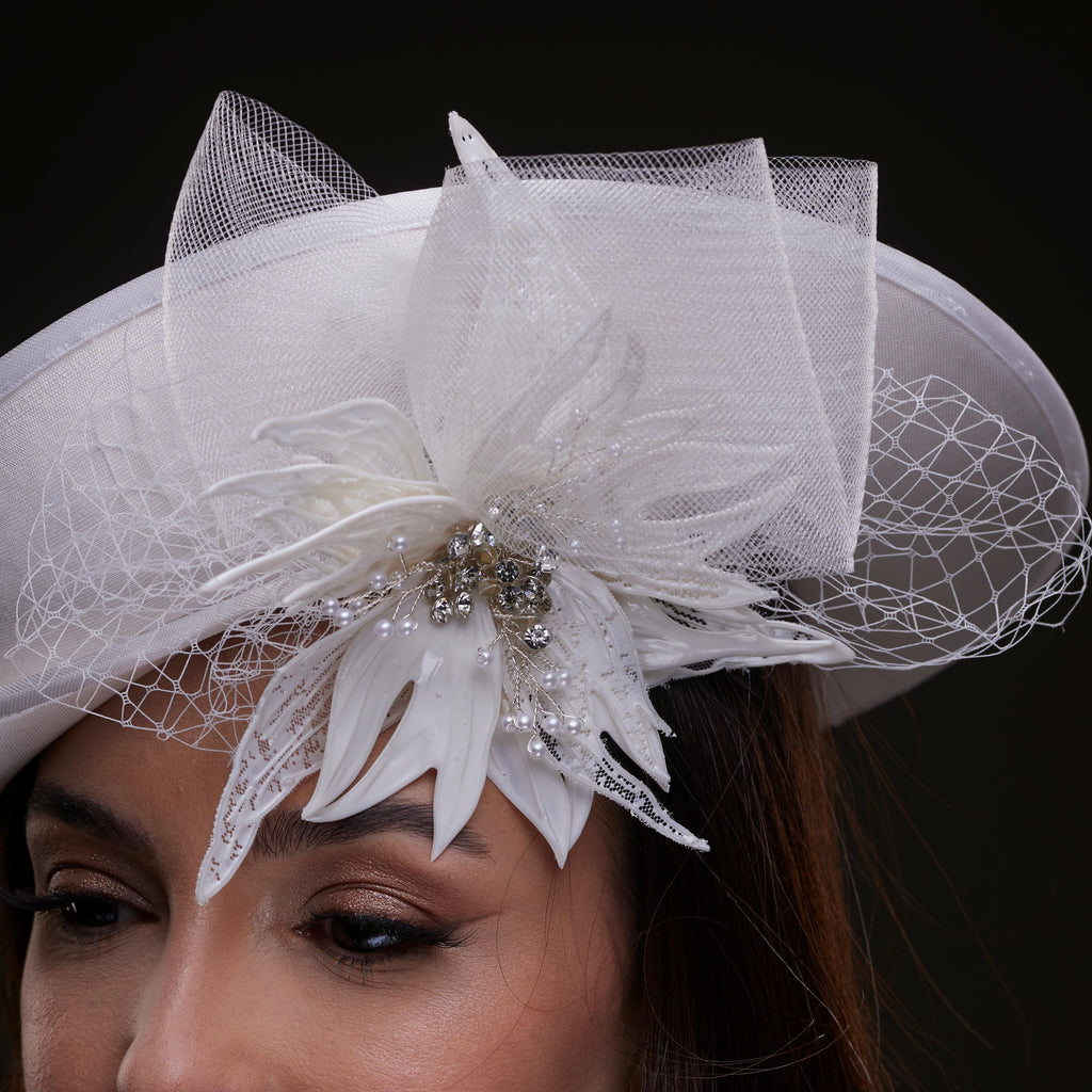 White Bridal Hat with Sculpted Flower – Bridal Port, view 3