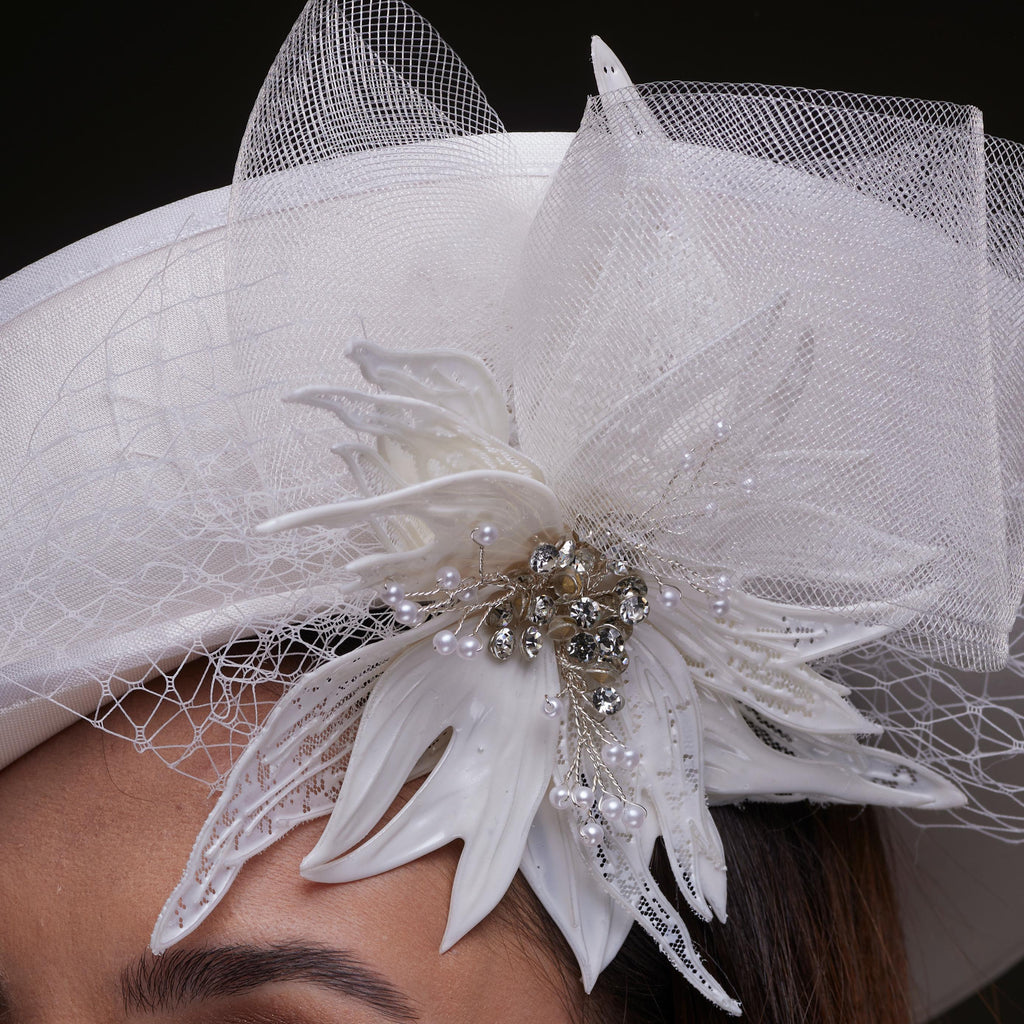 White Bridal Hat with Sculpted Flower – Bridal Port, view 4