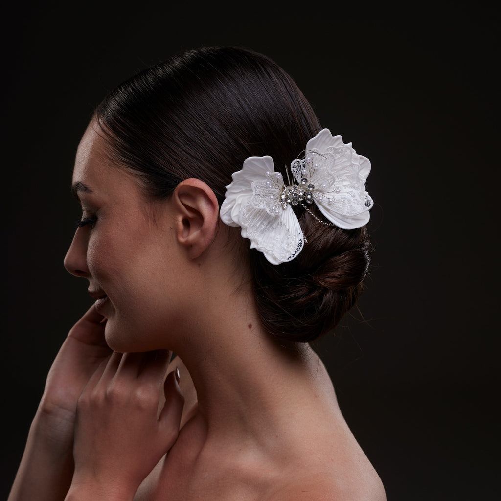 White Butterfly Flower Hair Comb – Bridal Port, view 3