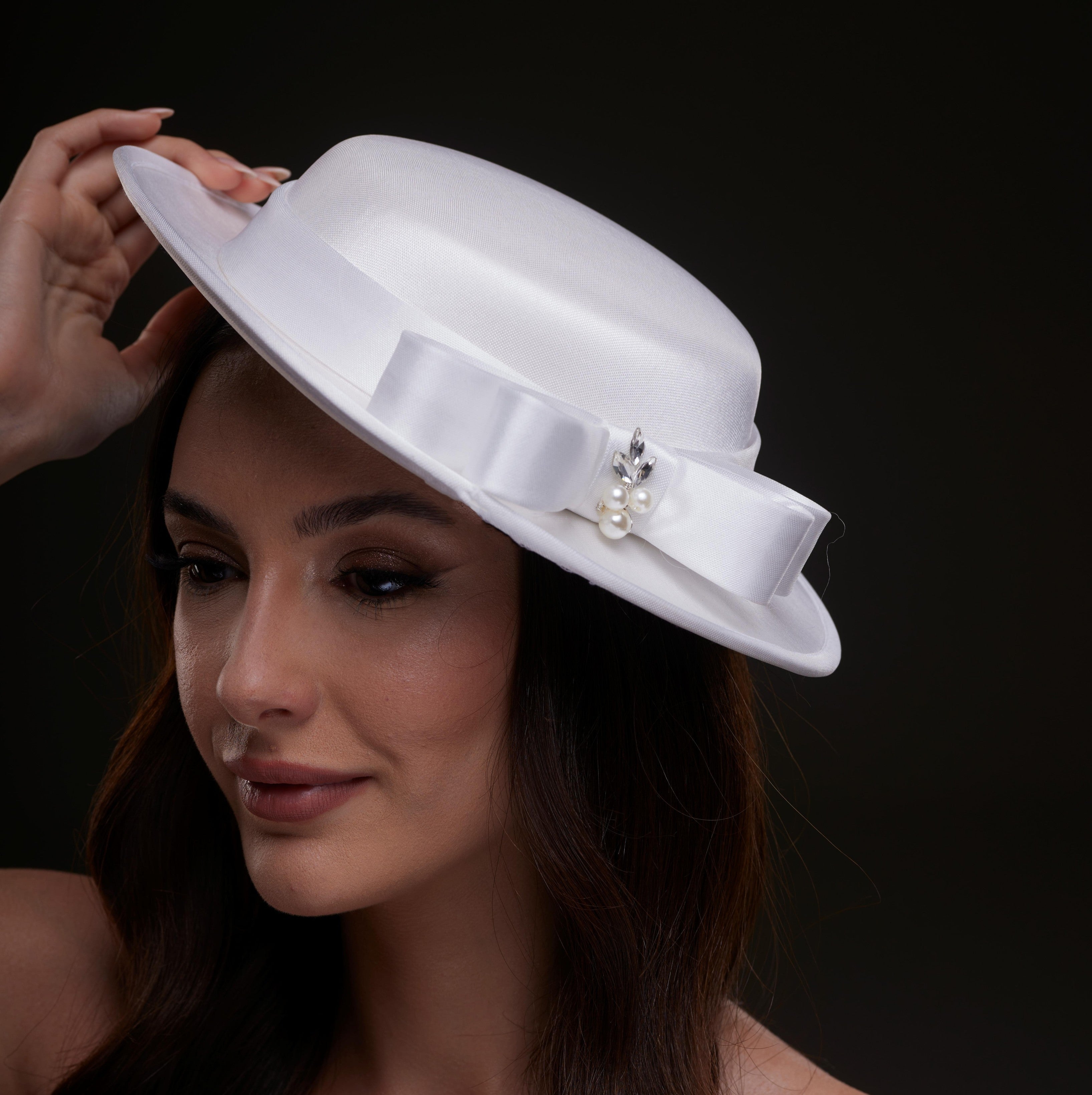 White Satin Hat with Bow and Pearls – Bridal Port, view 5
