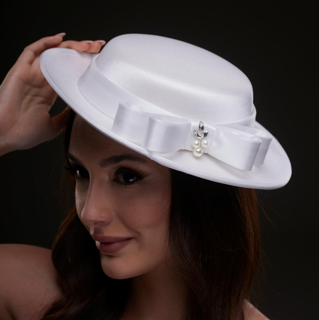 White Satin Hat with Bow and Pearls – Bridal Port