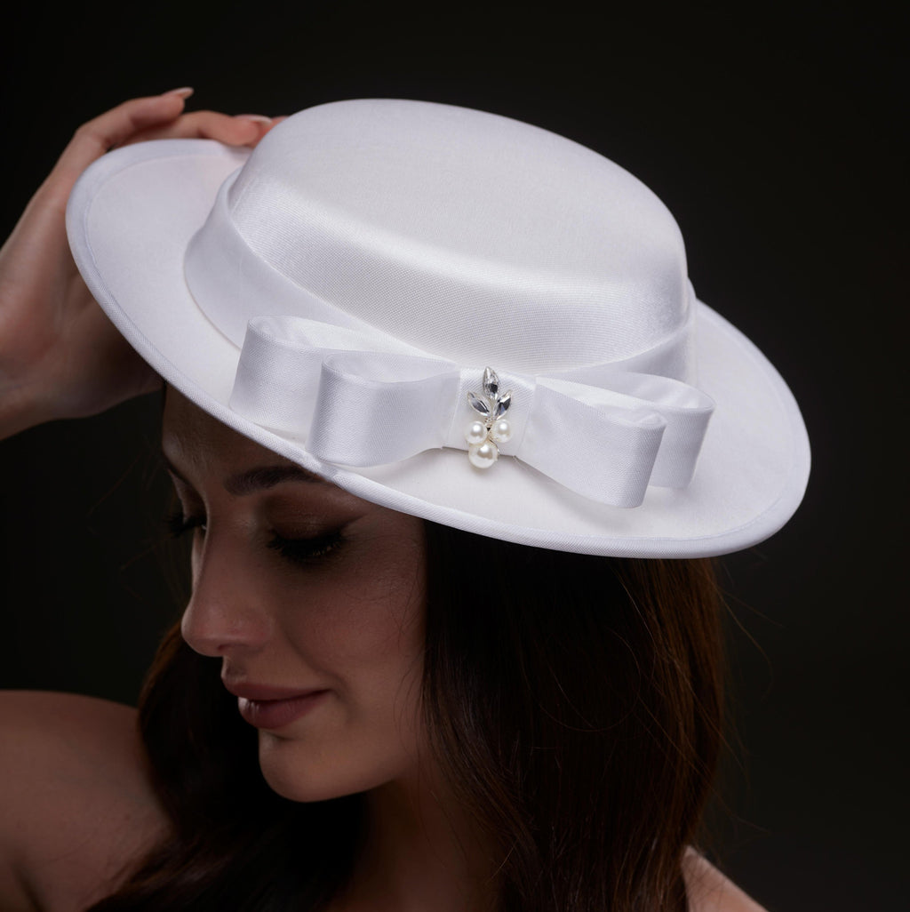 White Satin Hat with Bow and Pearls – Bridal Port, view 2