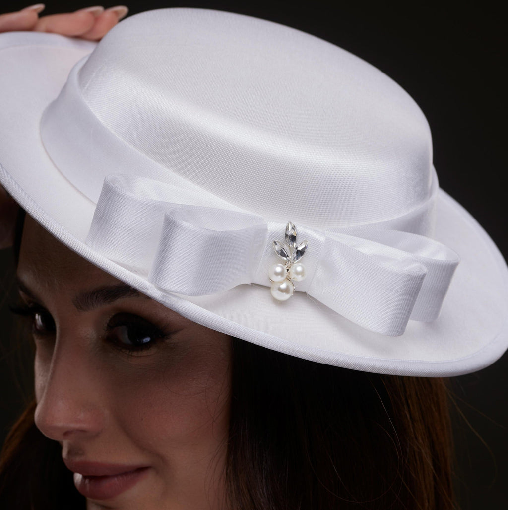 White Satin Hat with Bow and Pearls – Bridal Port, view 3