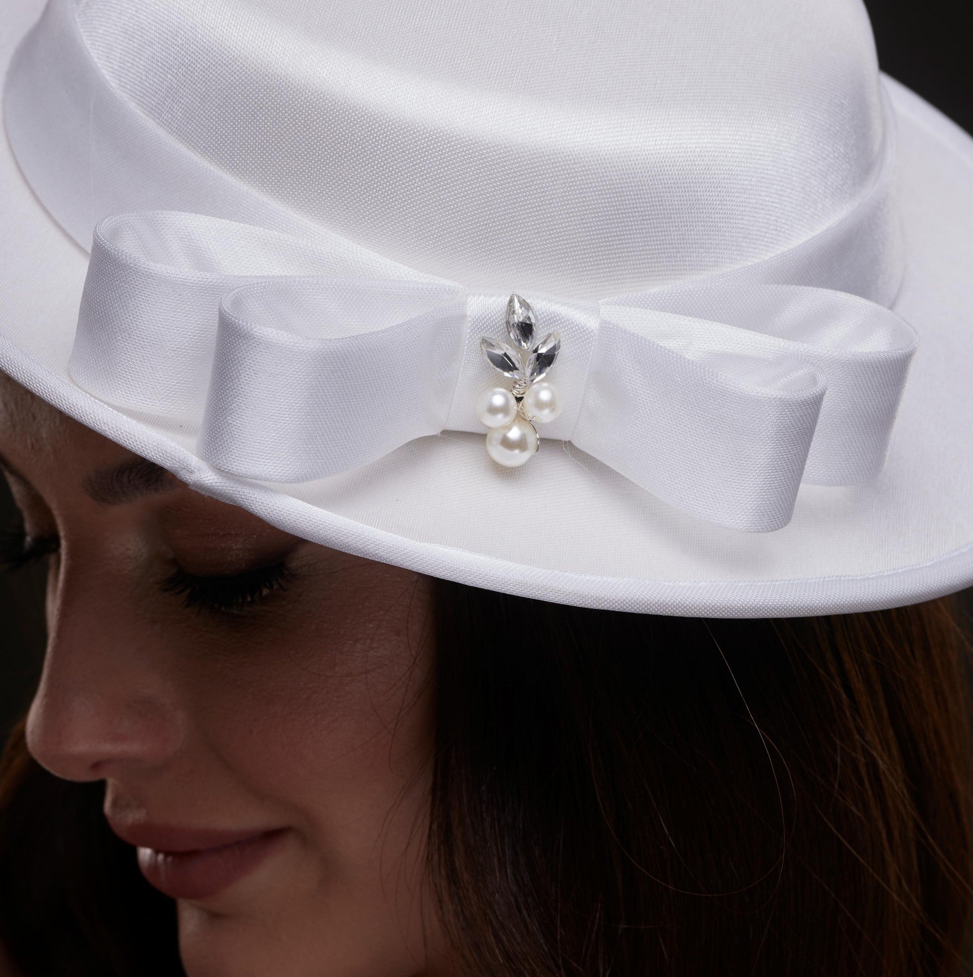 White Satin Hat with Bow and Pearls – Bridal Port, view 4
