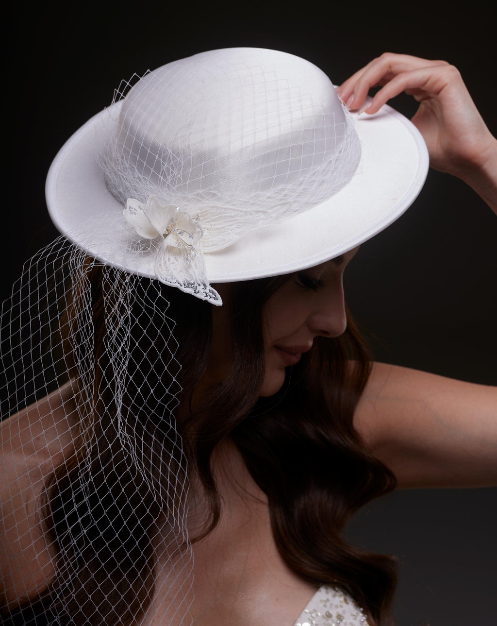 White Satin Hat with Flower and Veil Netting – Bridal Port, view 3