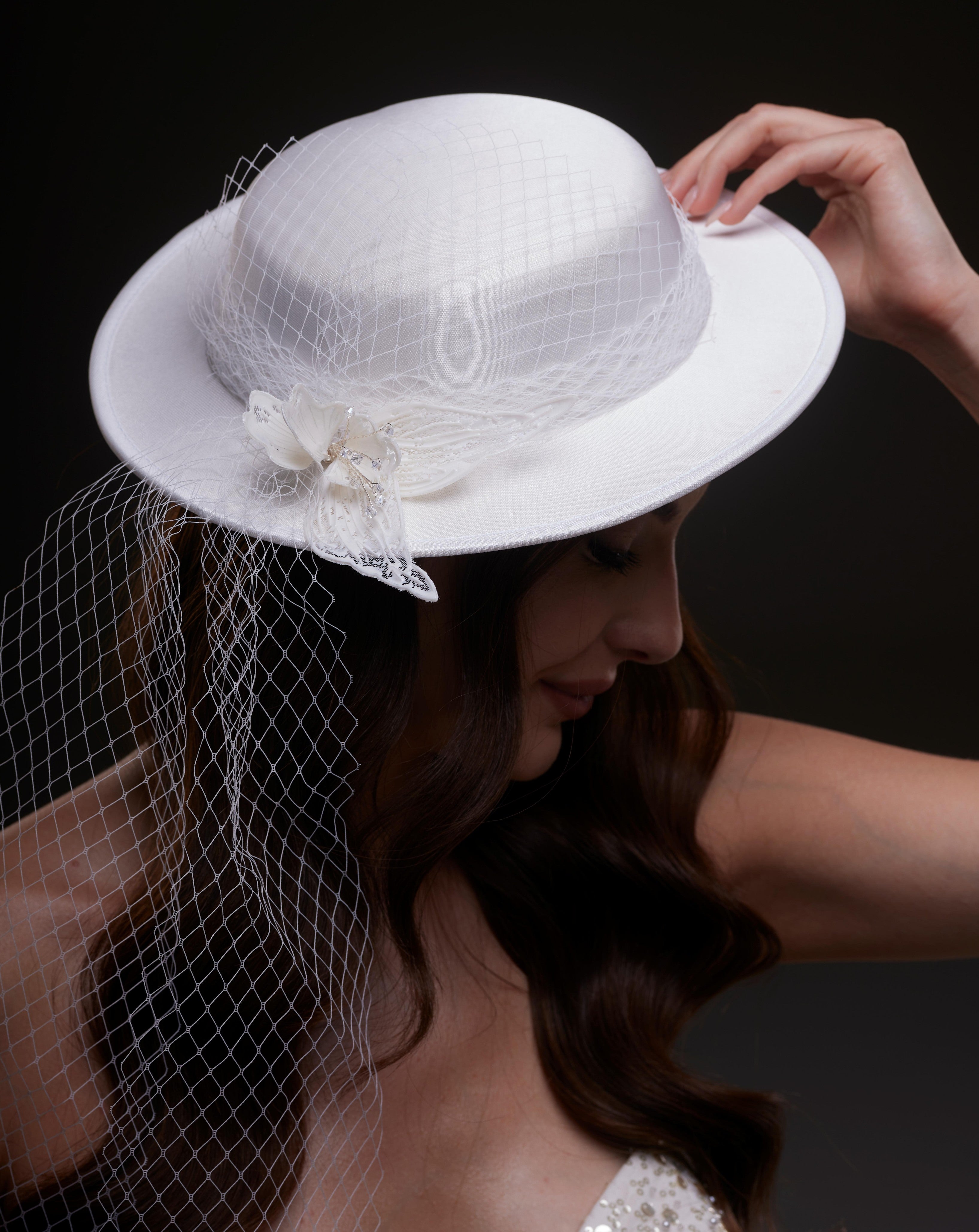 White Satin Hat with Flower and Veil Netting – Bridal Port, view 3