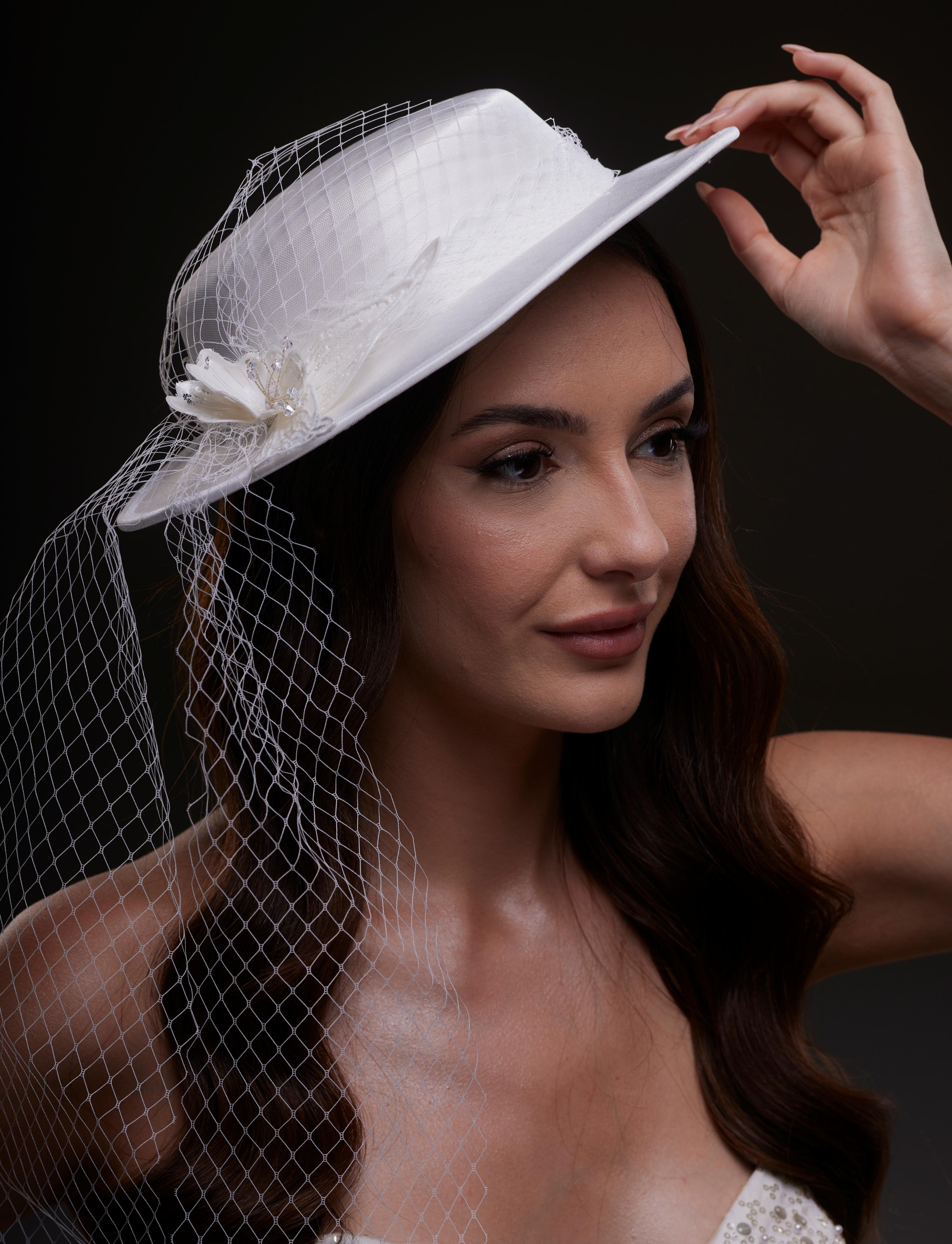 White Satin Hat with Flower and Veil Netting – Bridal Port, view 4