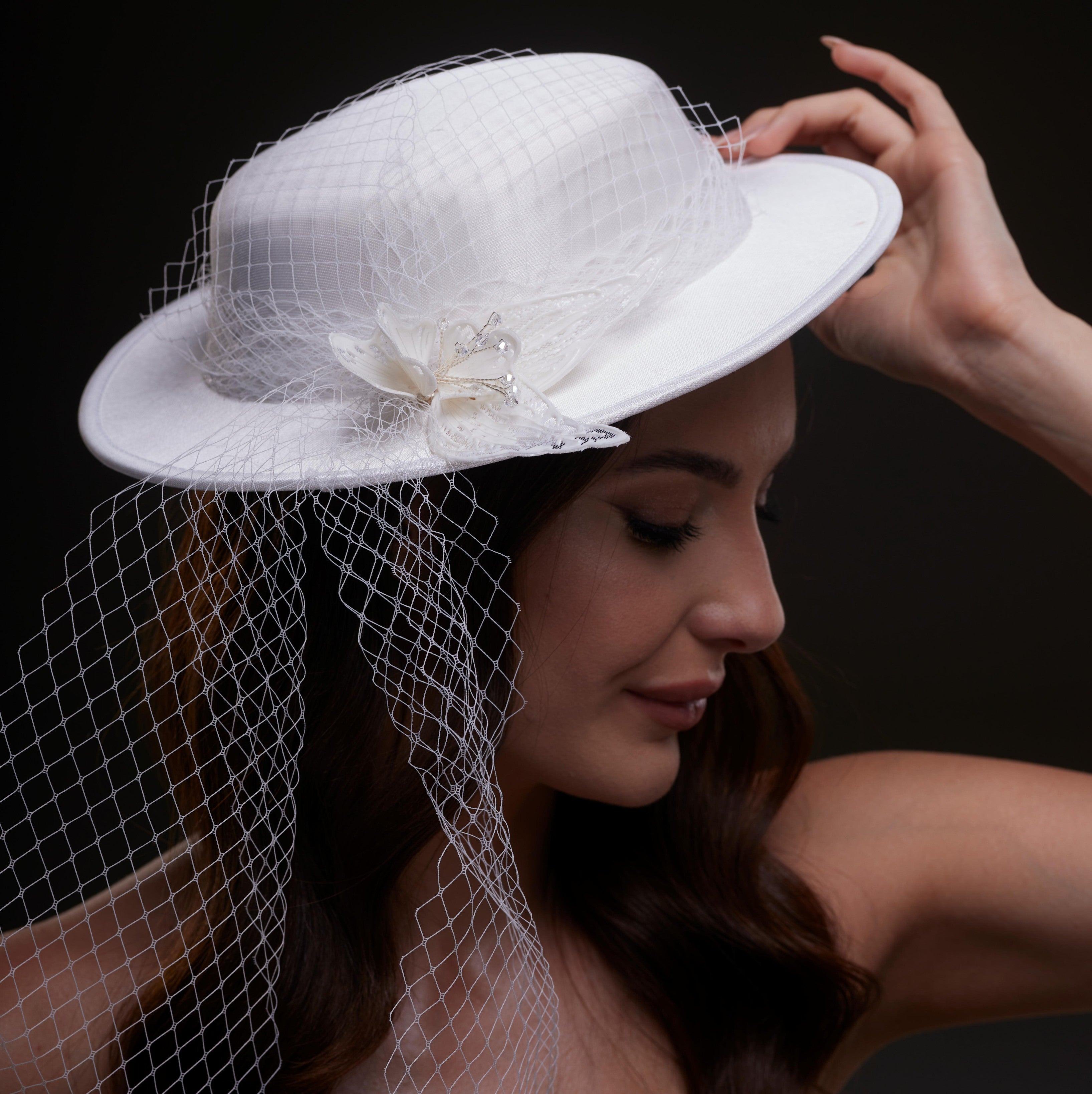 White Satin Hat with Flower and Veil Netting – Bridal Port, view 5