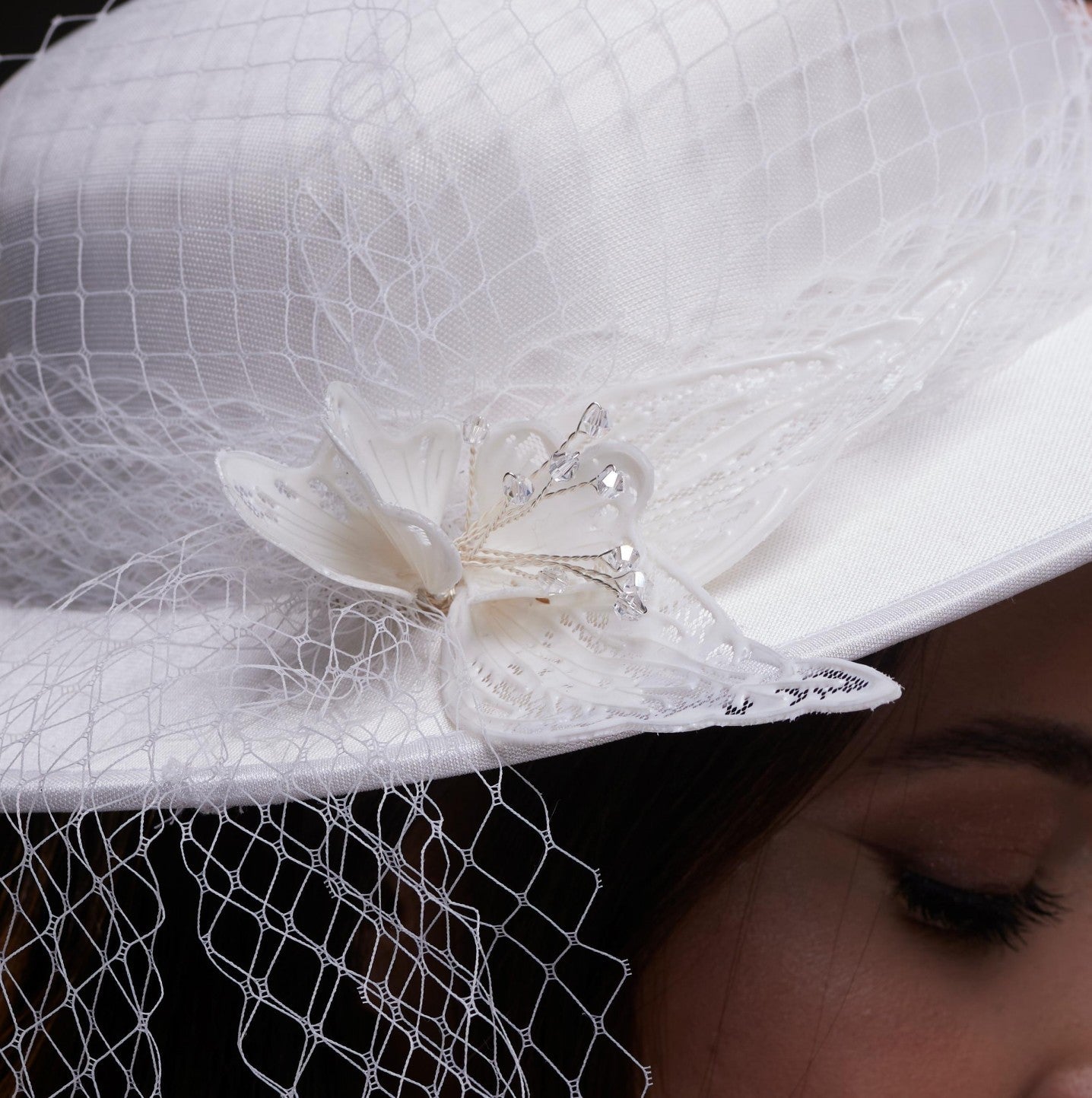 White Satin Hat with Flower and Veil Netting – Bridal Port, view 6