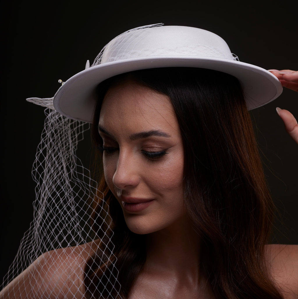 White Satin Hat with Flower and Veil Netting – Bridal Port, view 7
