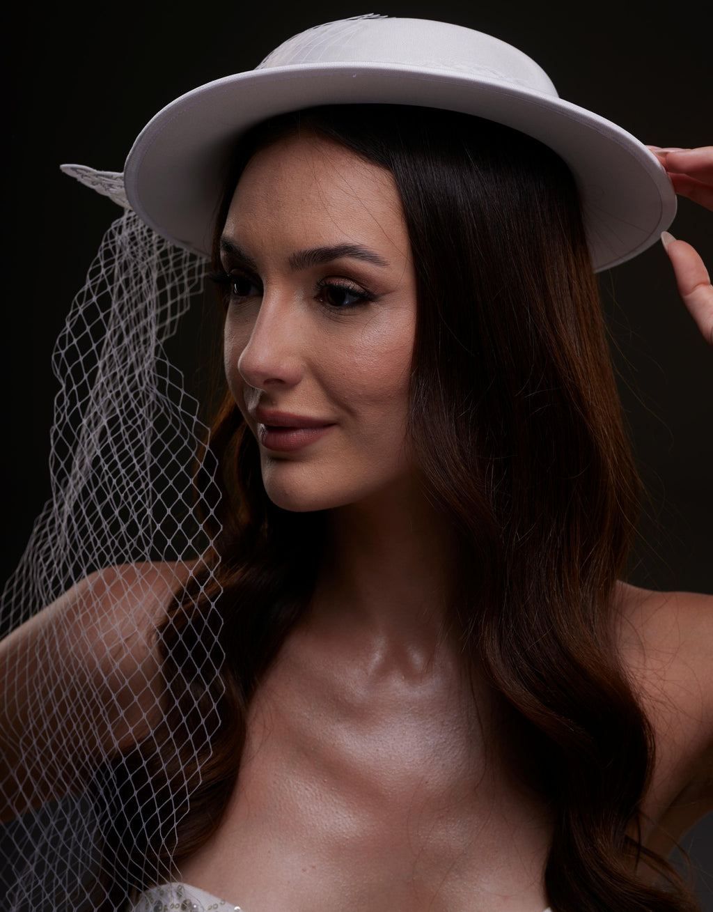 White Satin Hat with Flower and Veil Netting – Bridal Port, view 8