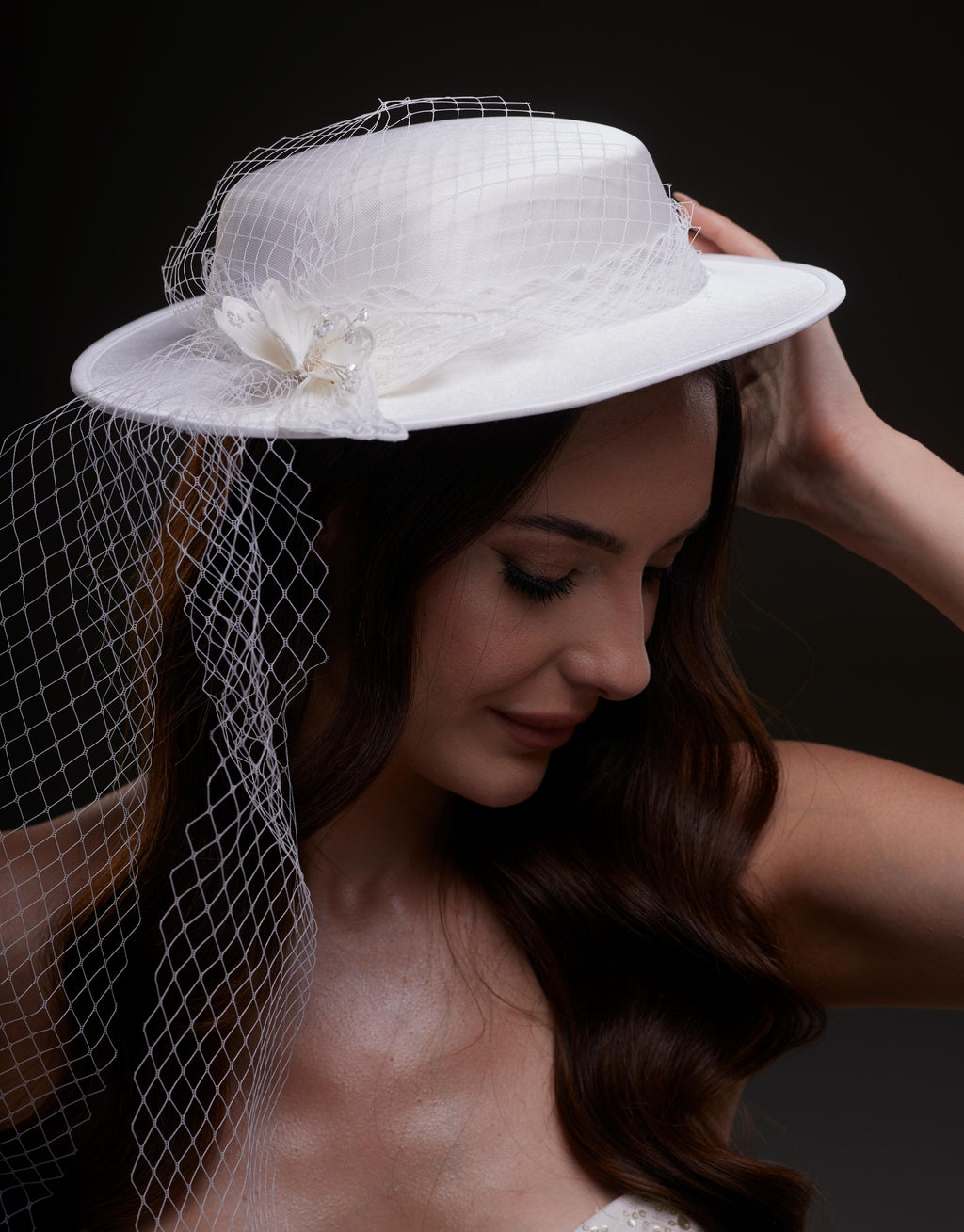 White Satin Hat with Flower and Veil Netting – Bridal Port