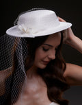 White Satin Hat with Flower and Veil Netting – Bridal Port