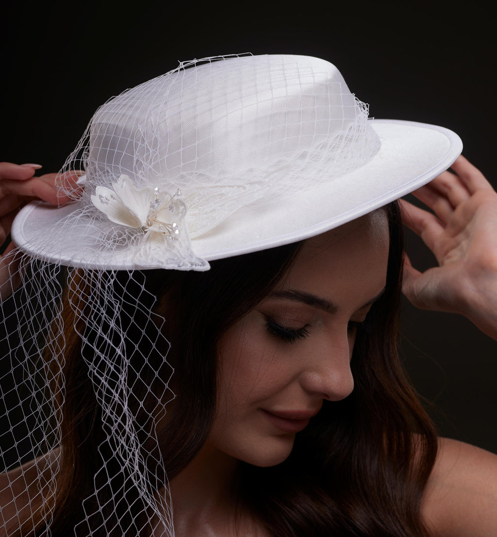 White Satin Hat with Flower and Veil Netting – Bridal Port, view 2