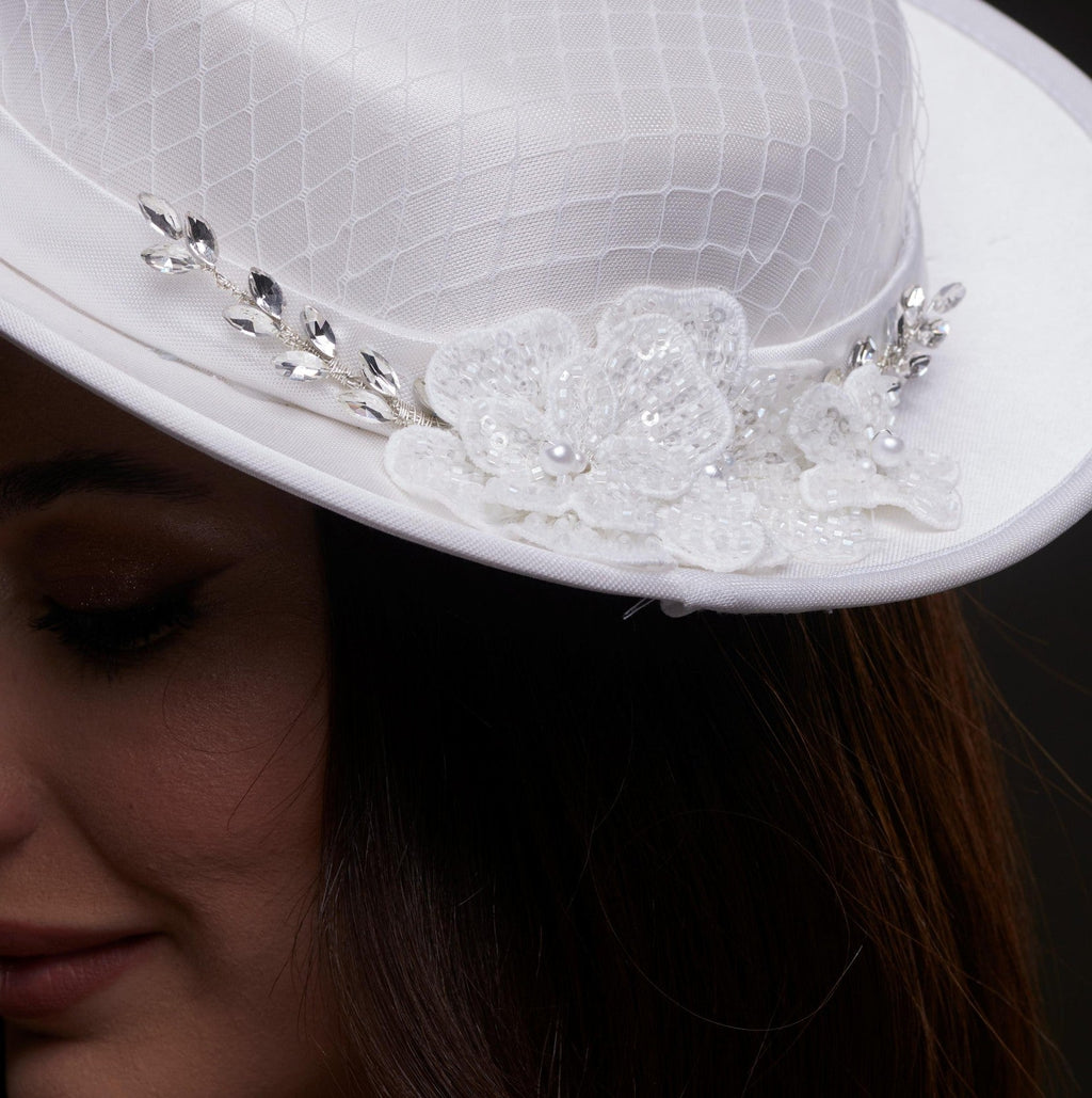 White Satin Hat with Lace Flowers & Crystal Leaves – Bridal Port, view 5