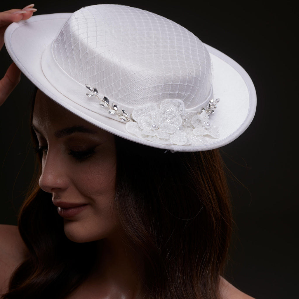 White Satin Hat with Lace Flowers & Crystal Leaves – Bridal Port, view 4