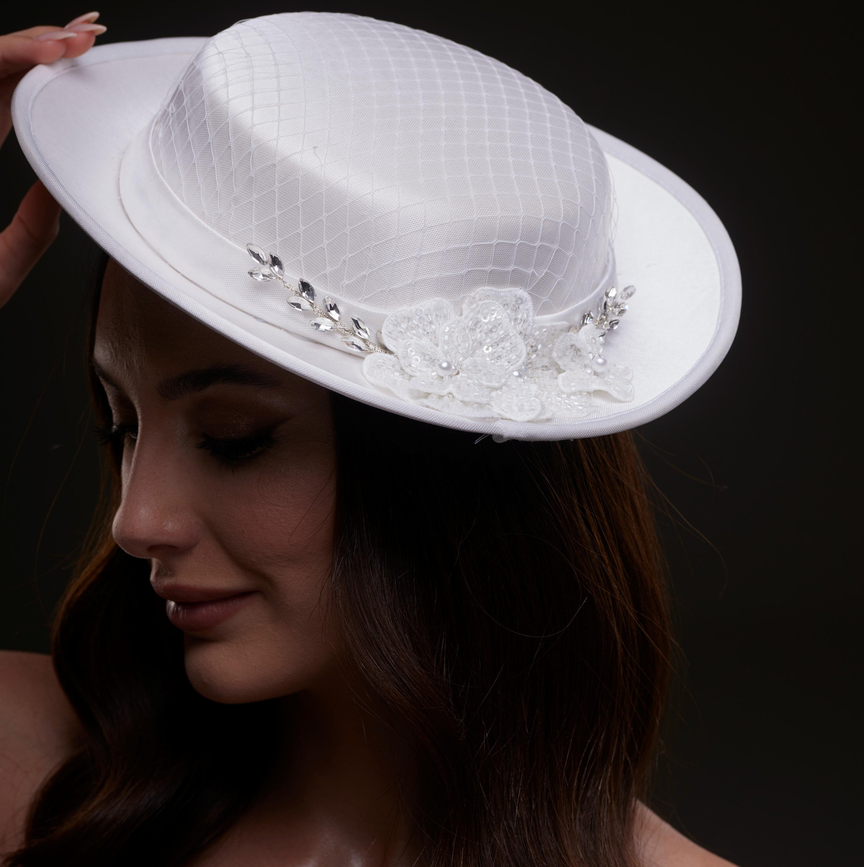 White Satin Hat with Lace Flowers & Crystal Leaves – Bridal Port, view 4