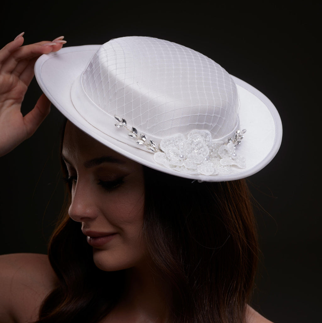 White Satin Hat with Lace Flowers & Crystal Leaves – Bridal Port, view 6