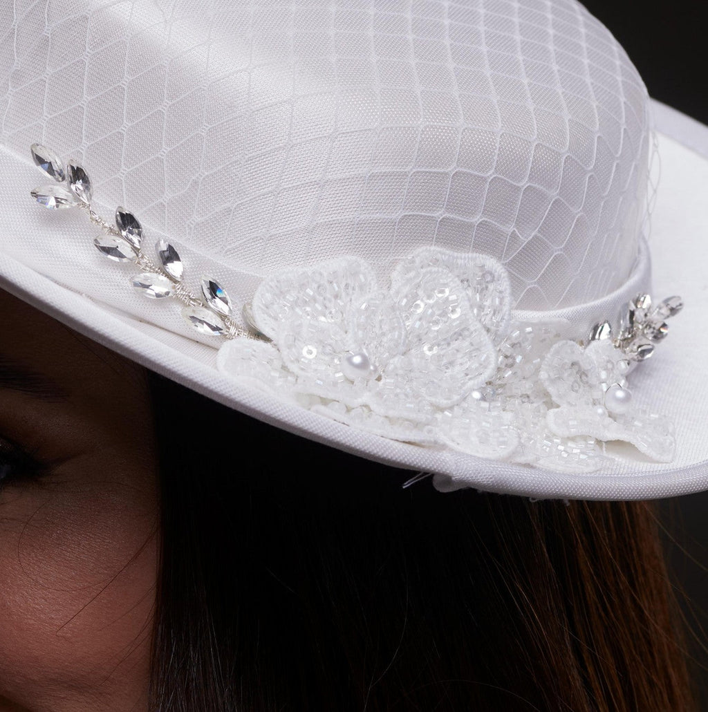 White Satin Hat with Lace Flowers & Crystal Leaves – Bridal Port, view 7
