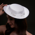 White Satin Hat with Lace Flowers & Crystal Leaves – Bridal Port
