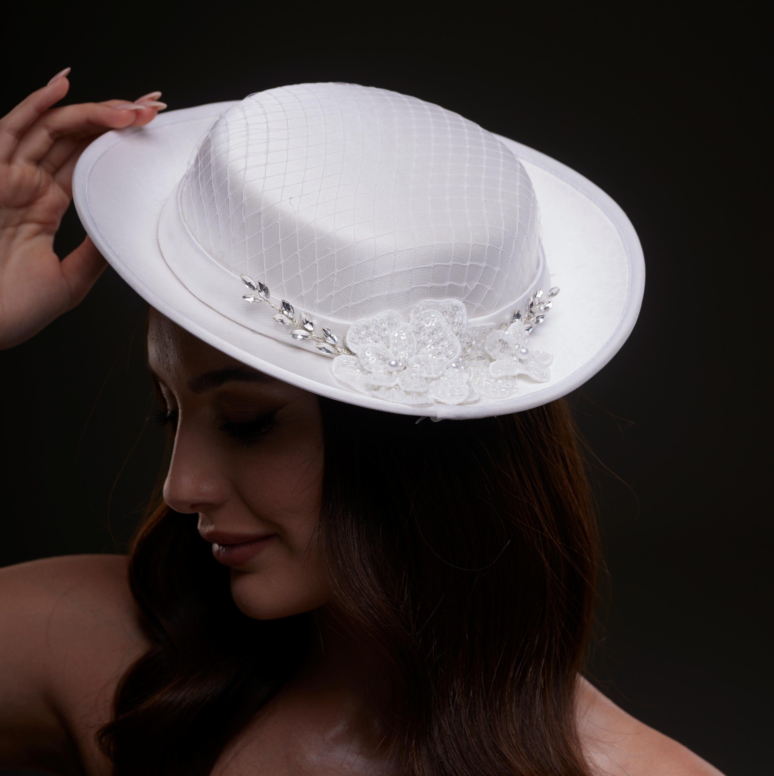 White Satin Hat with Lace Flowers & Crystal Leaves – Bridal Port