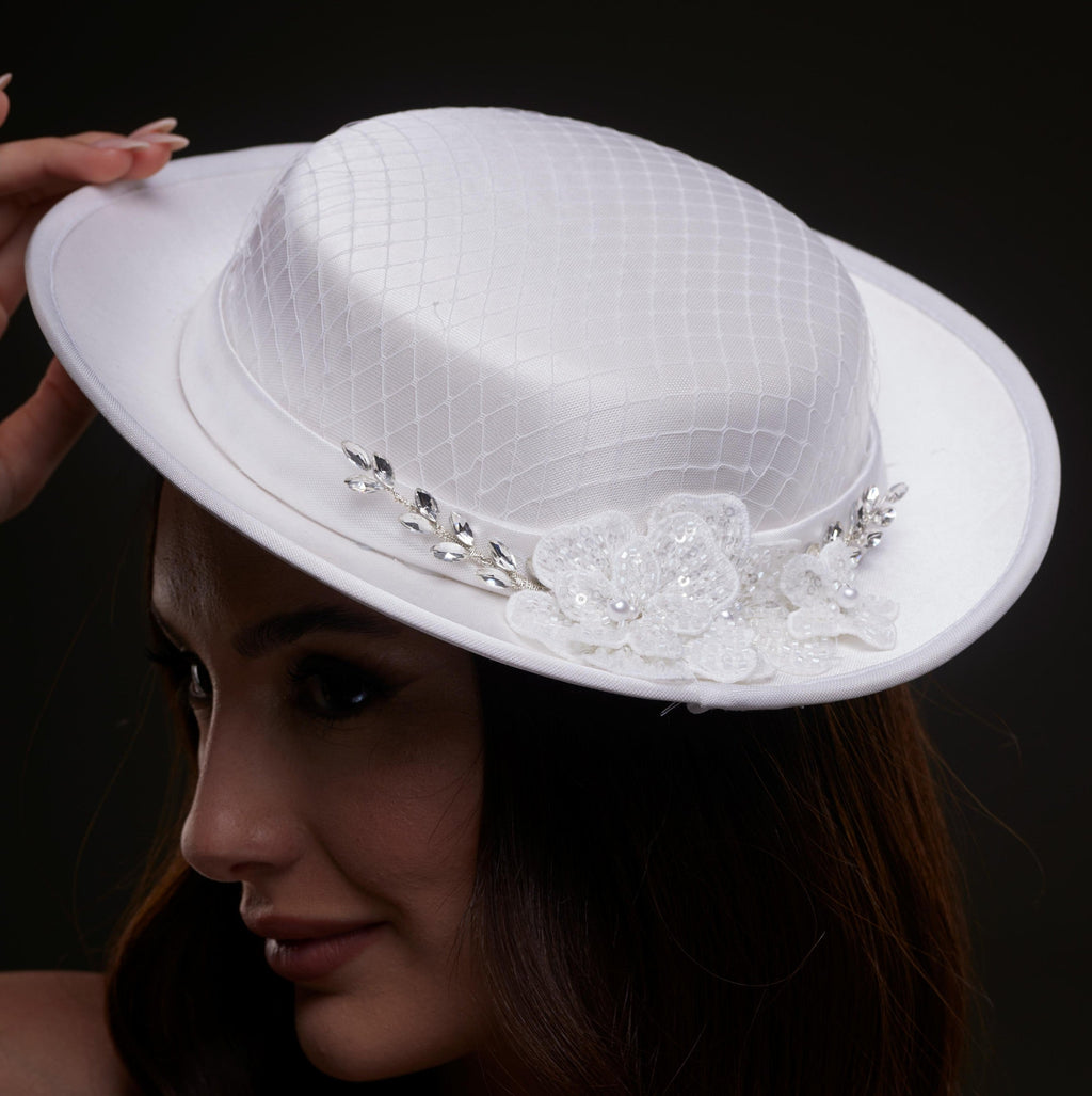 White Satin Hat with Lace Flowers & Crystal Leaves – Bridal Port, view 2