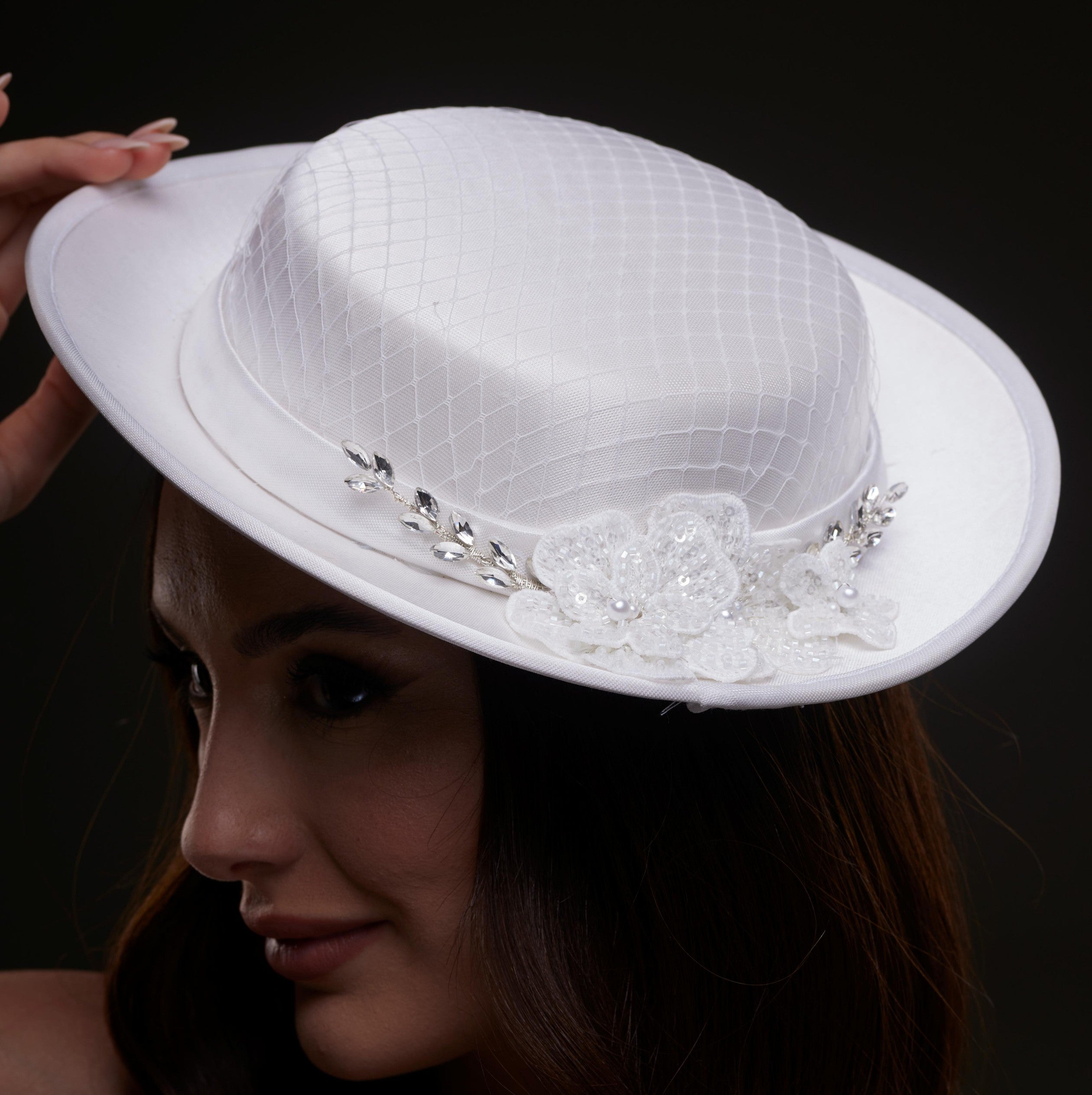 White Satin Hat with Lace Flowers & Crystal Leaves – Bridal Port, view 2