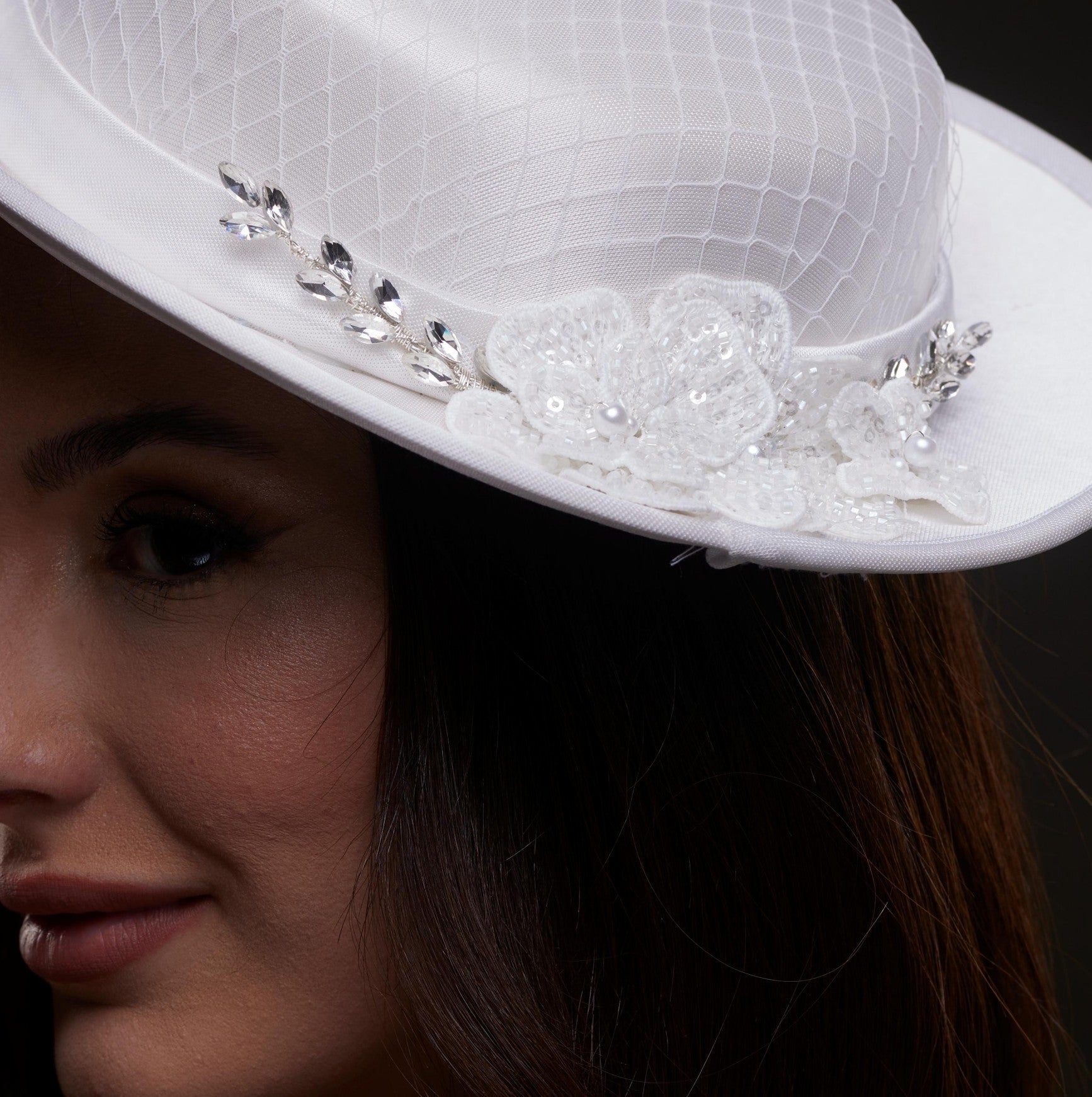 White Satin Hat with Lace Flowers & Crystal Leaves – Bridal Port, view 3