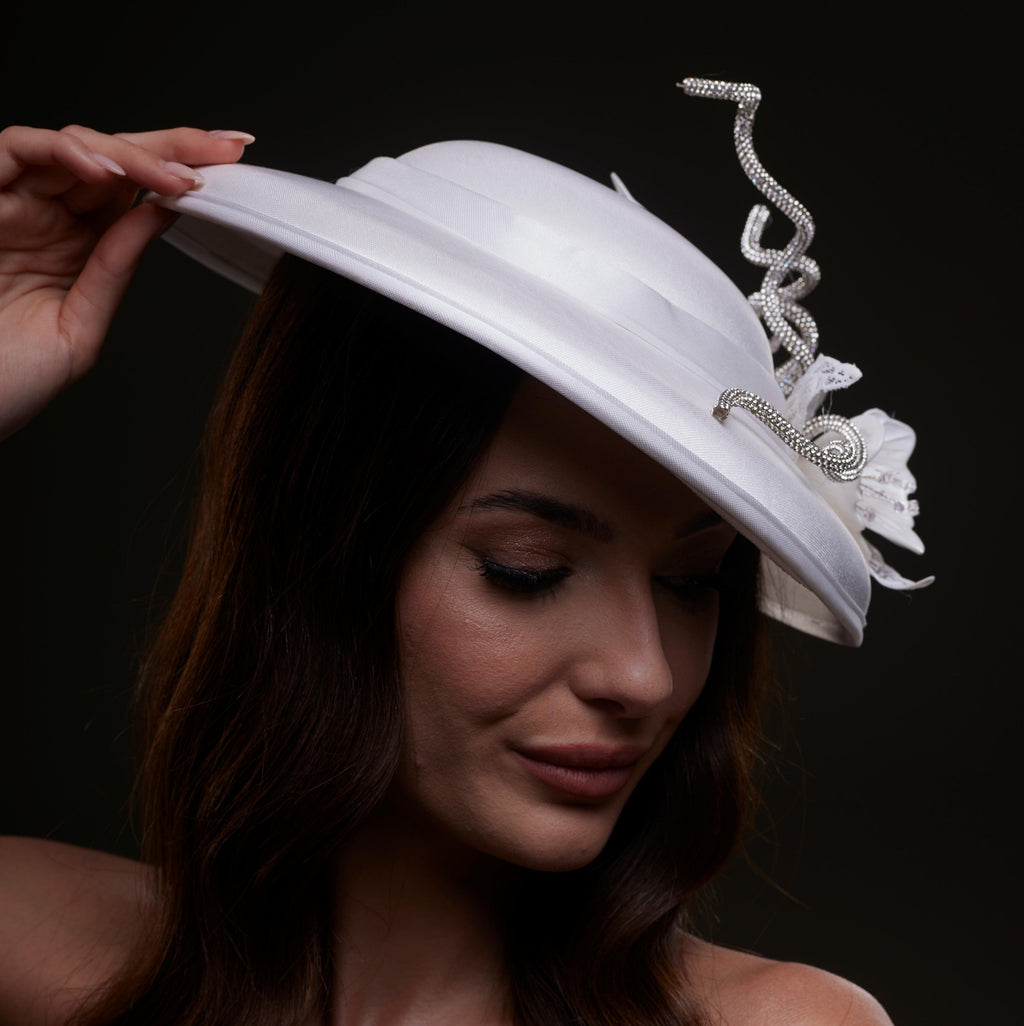 White Satin Hat with Rhinestone Vines and Tropical Flower Appliqués – Bridal Port, view 3