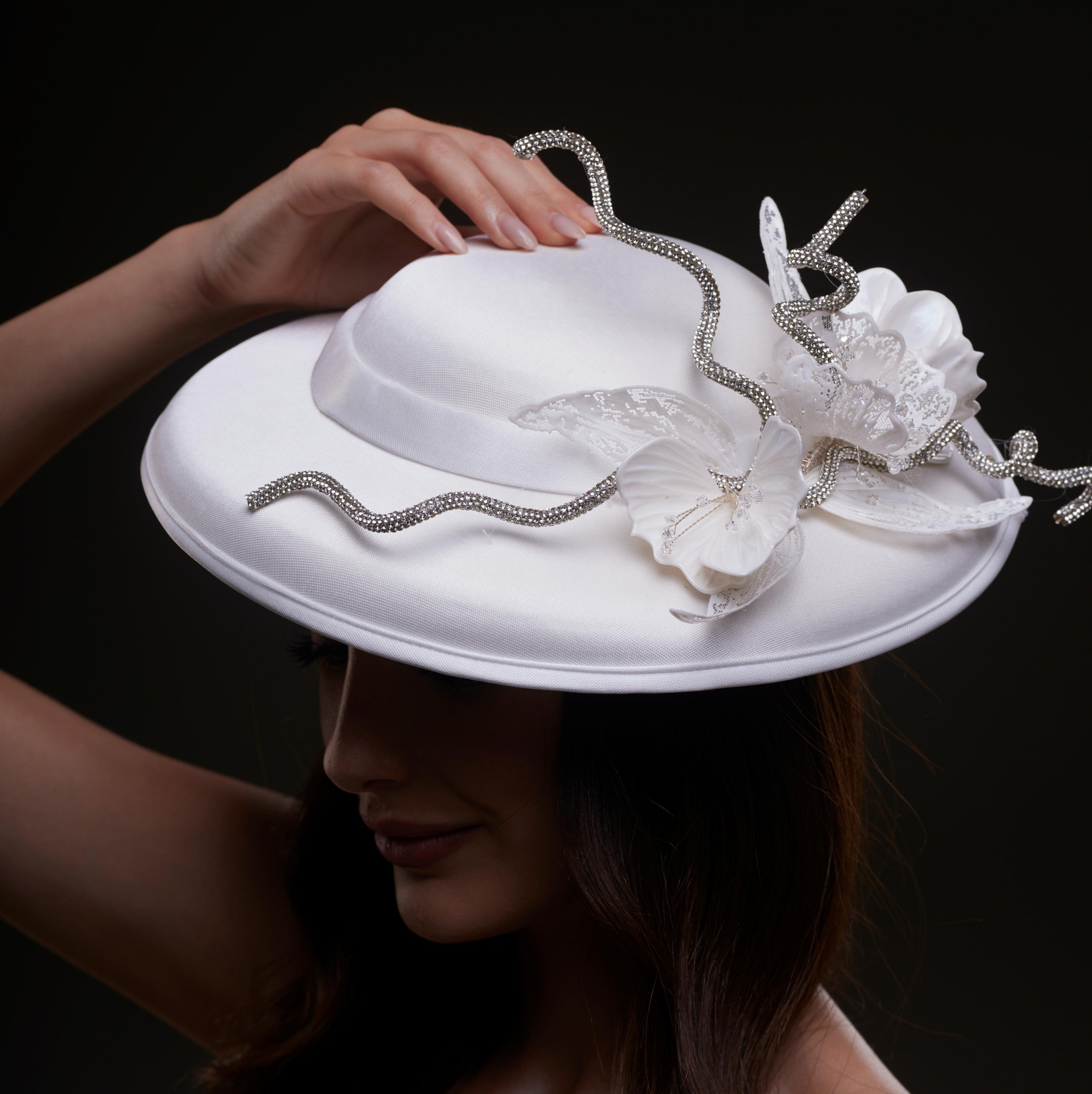 White Satin Hat with Rhinestone Vines and Tropical Flower Appliqués – Bridal Port, view 4