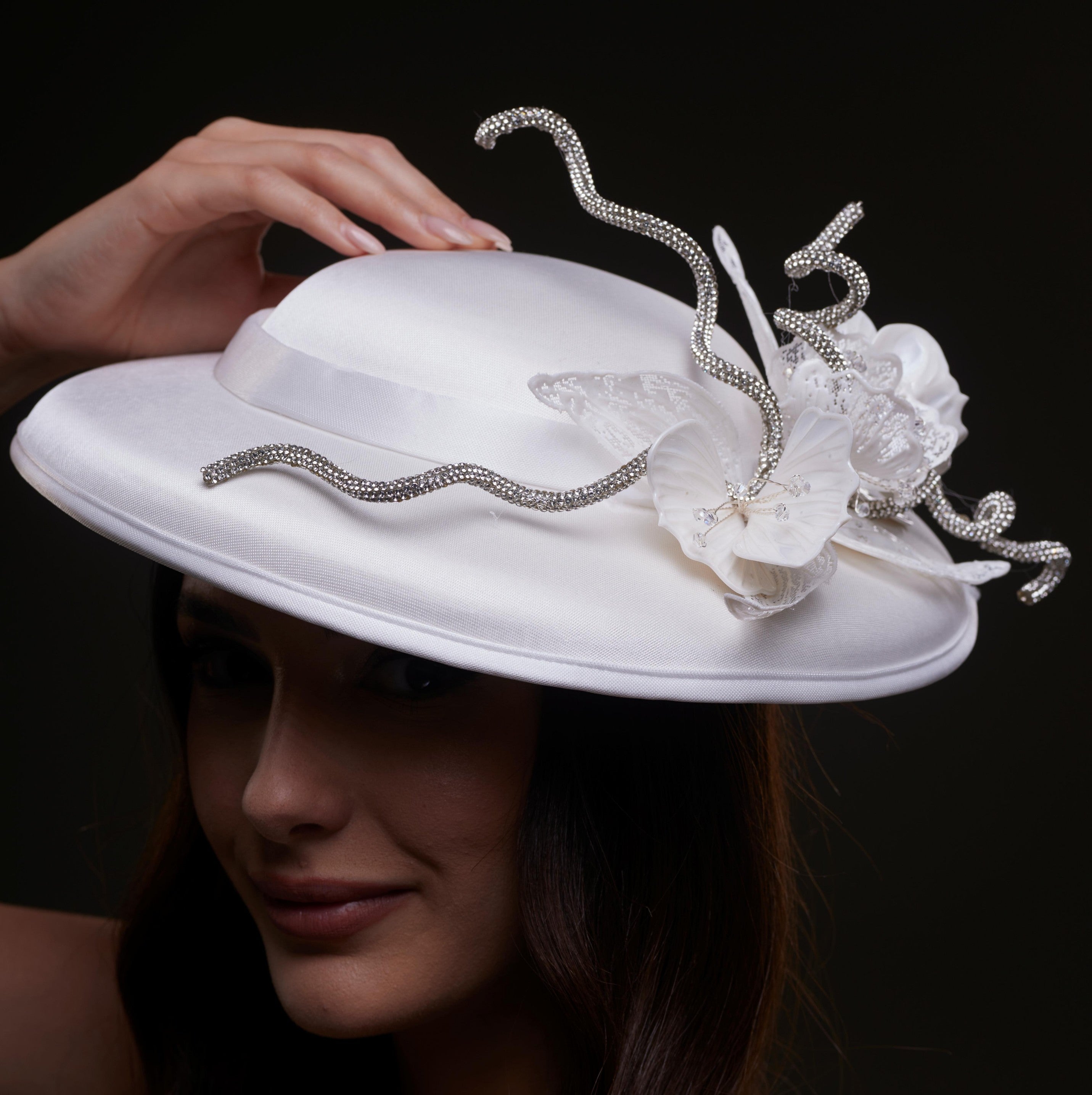 White Satin Hat with Rhinestone Vines and Tropical Flower Appliqués – Bridal Port, view 5