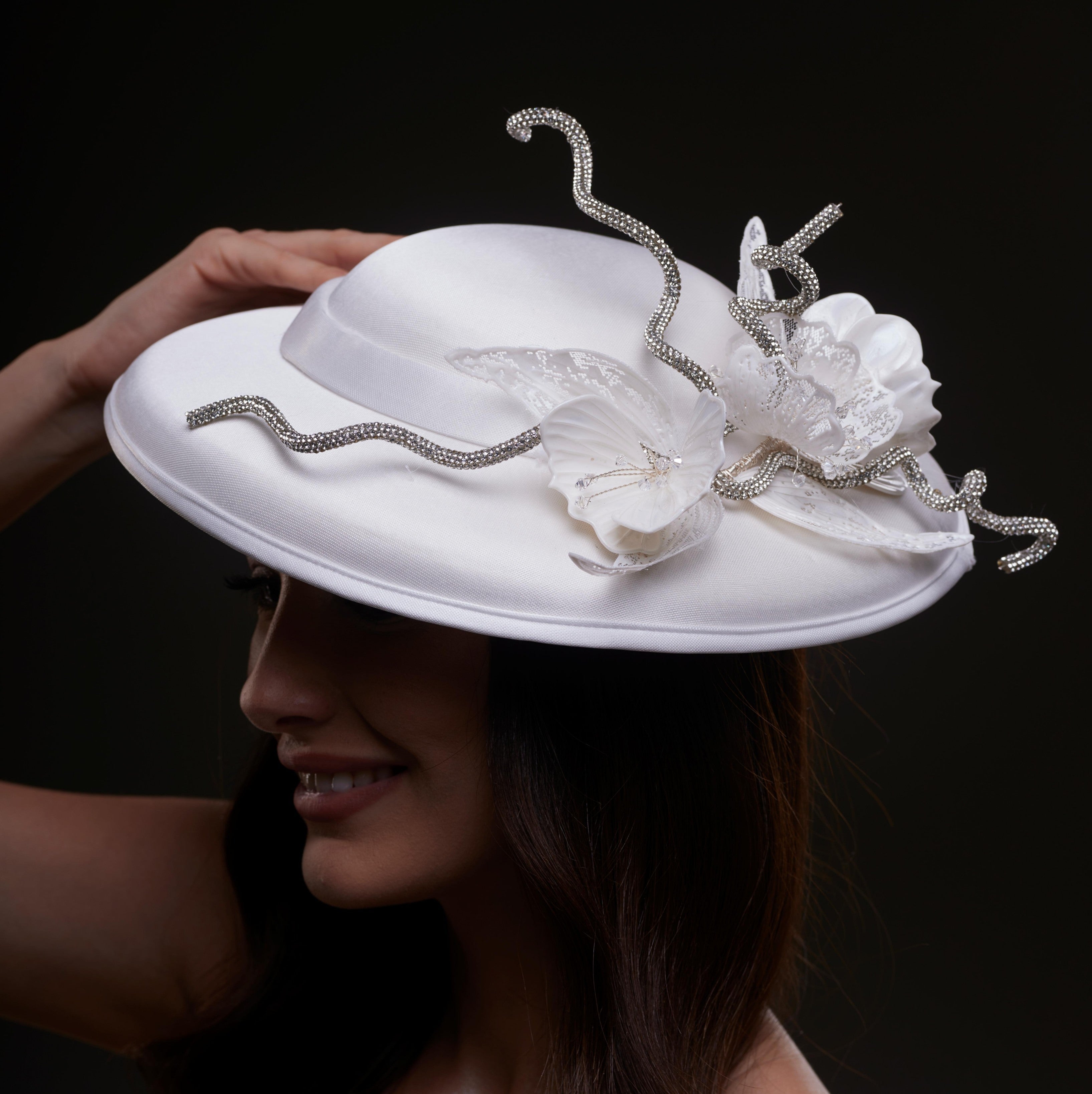 White Satin Hat with Rhinestone Vines and Tropical Flower Appliqués – Bridal Port, view 2