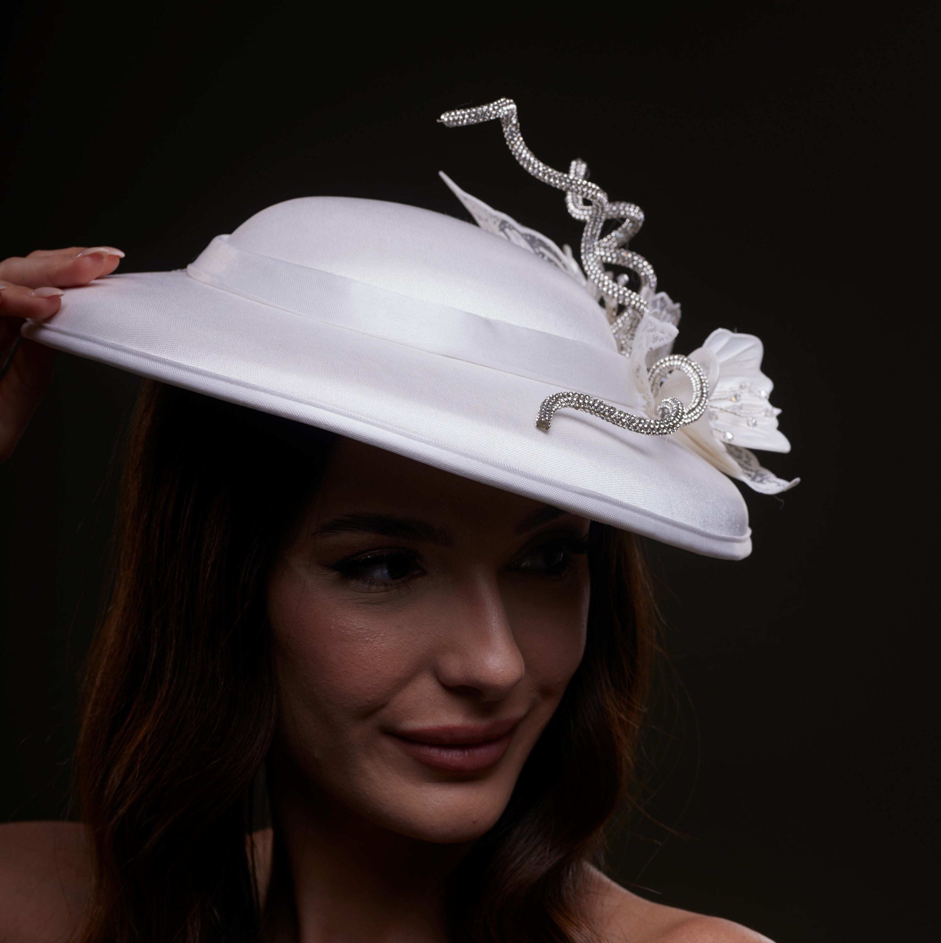White Satin Hat with Rhinestone Vines and Tropical Flower Appliqués – Bridal Port, view 6