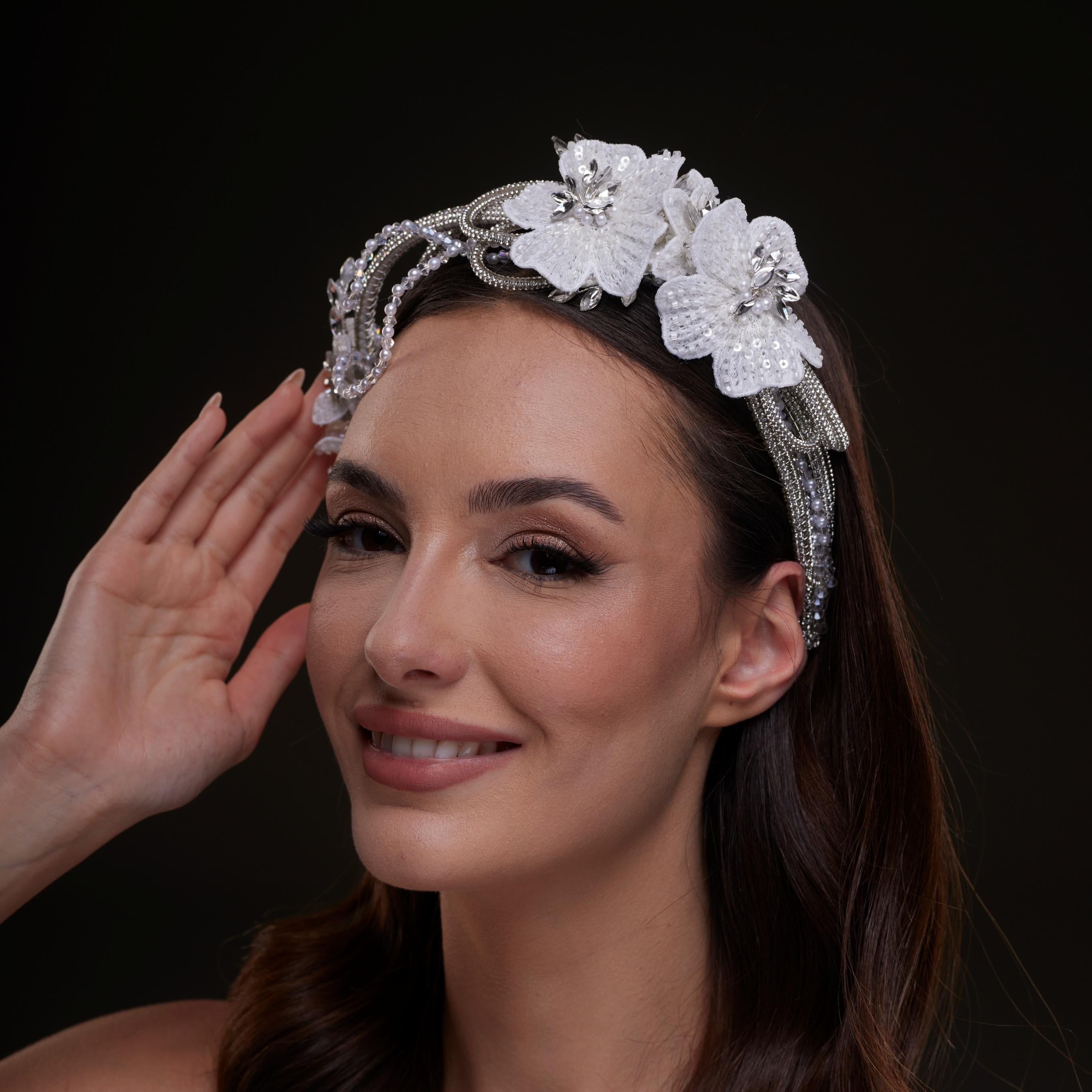 White Sequin Floral Hair Band – Bridal Port, view 8