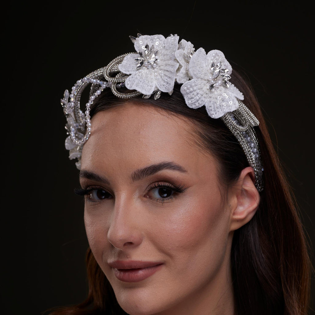 White Sequin Floral Hair Band – Bridal Port, view 2