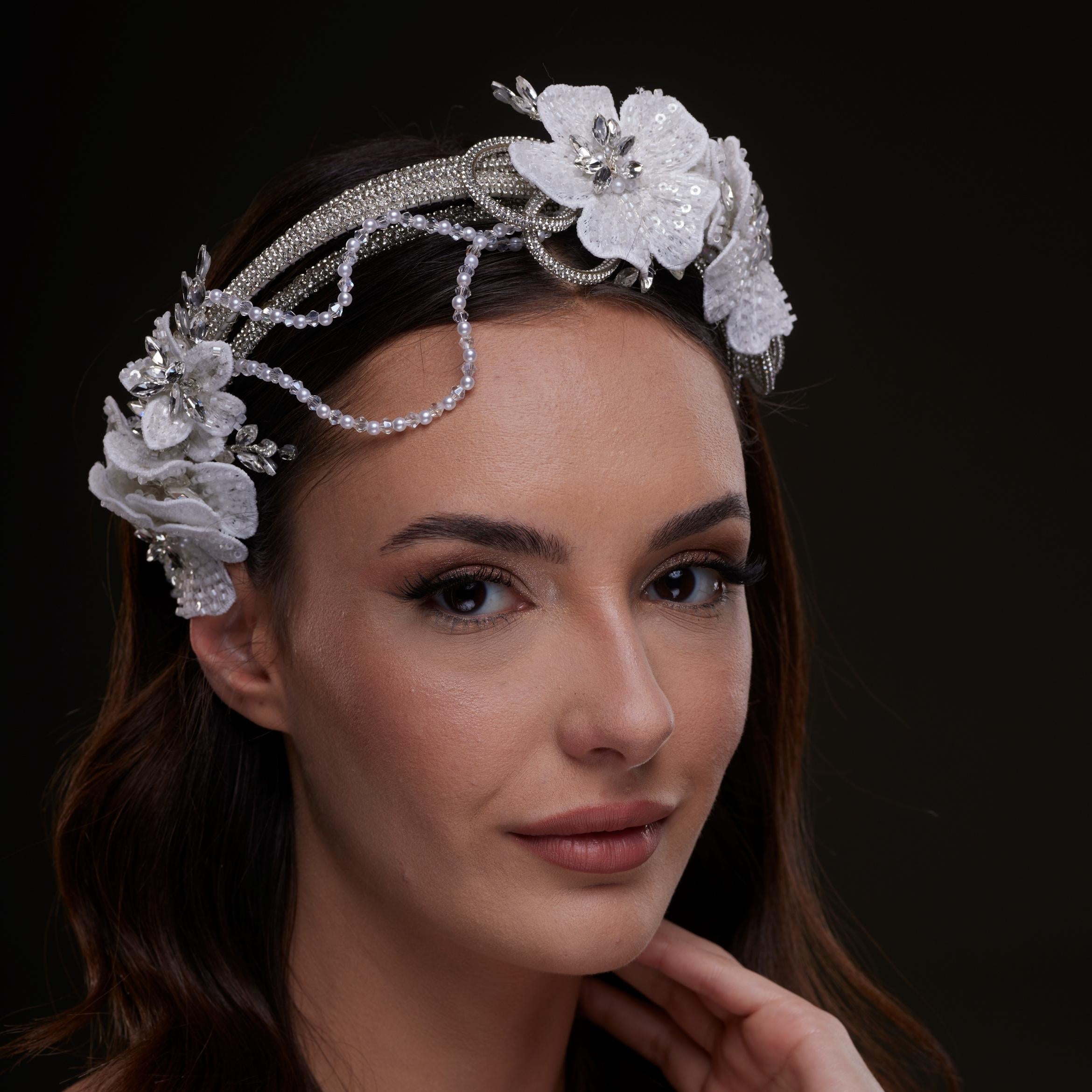 White Sequin Floral Hair Band – Bridal Port, view 3
