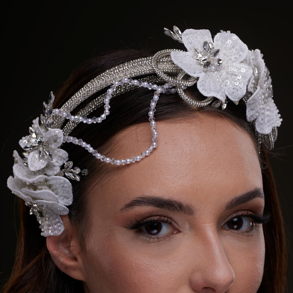 White Sequin Floral Hair Band – Bridal Port, view 4