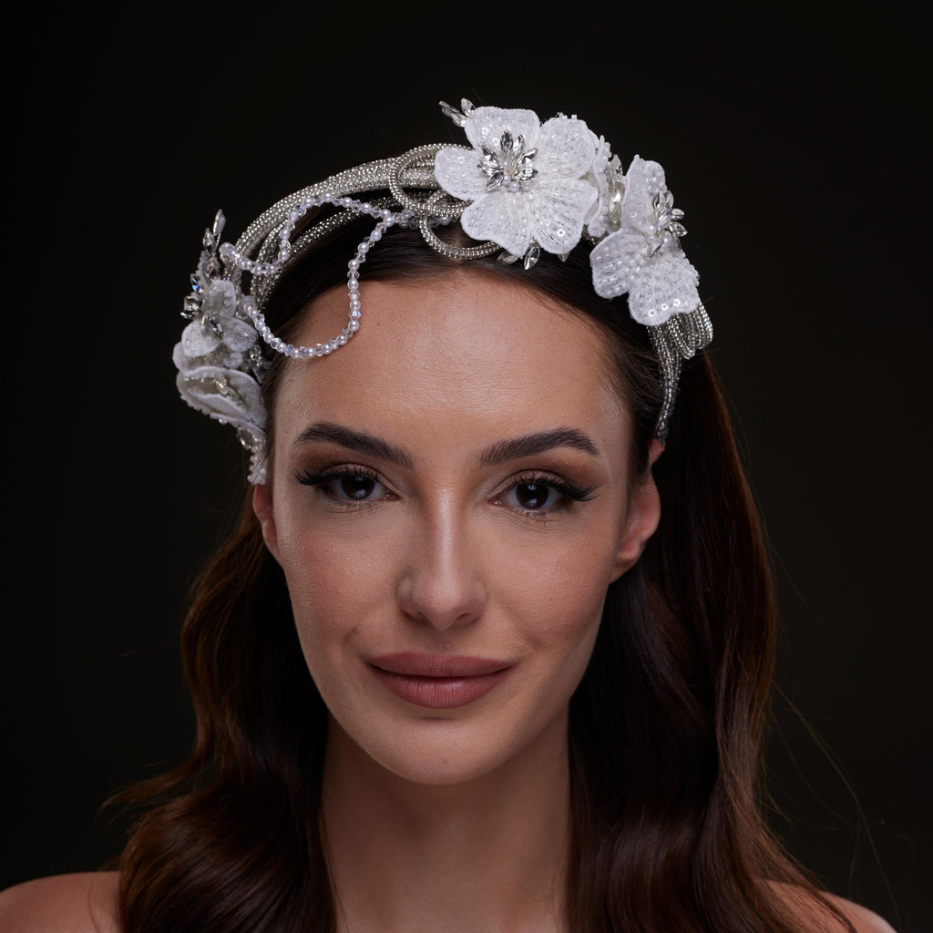 White Sequin Floral Hair Band – Bridal Port, view 5