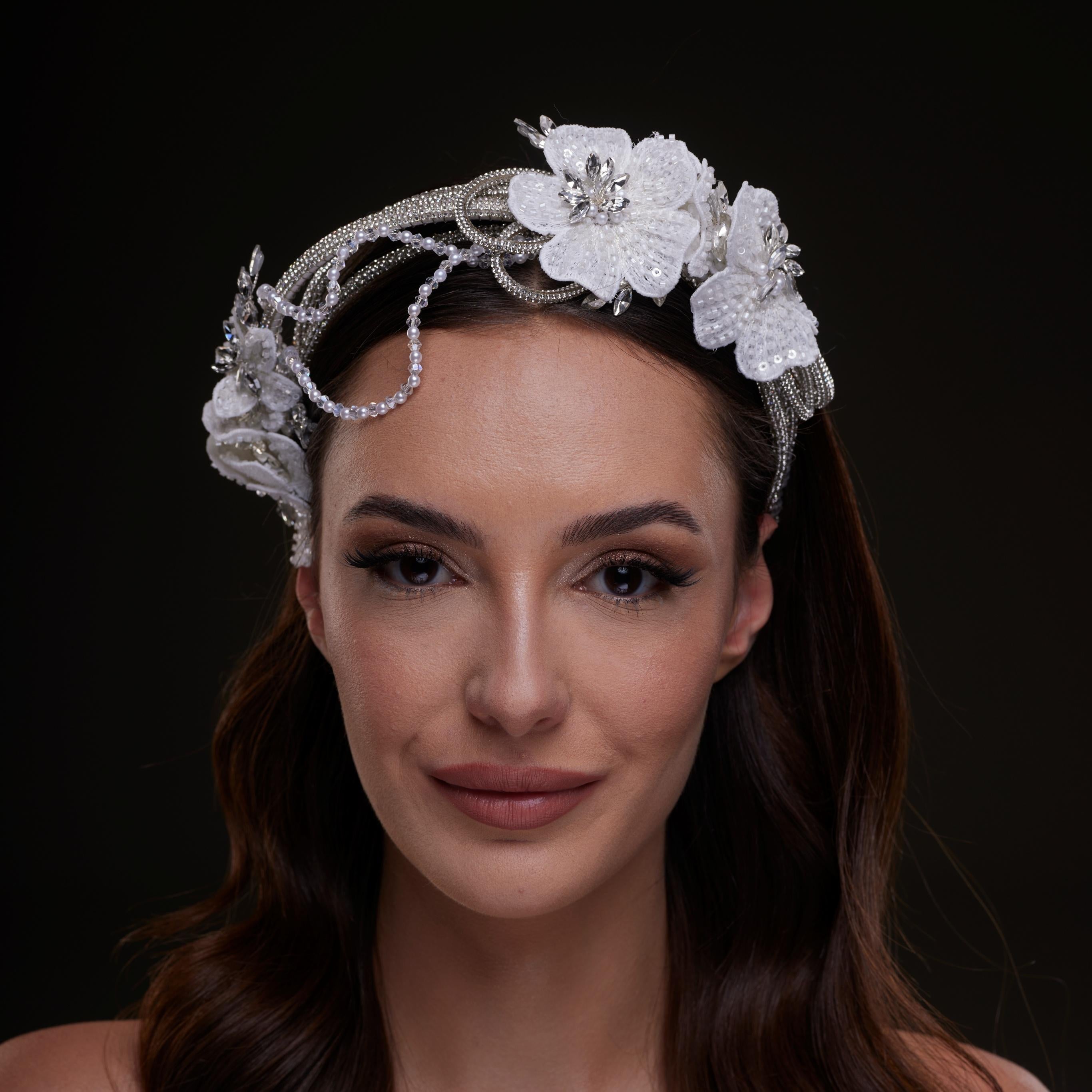 White Sequin Floral Hair Band – Bridal Port, view 5
