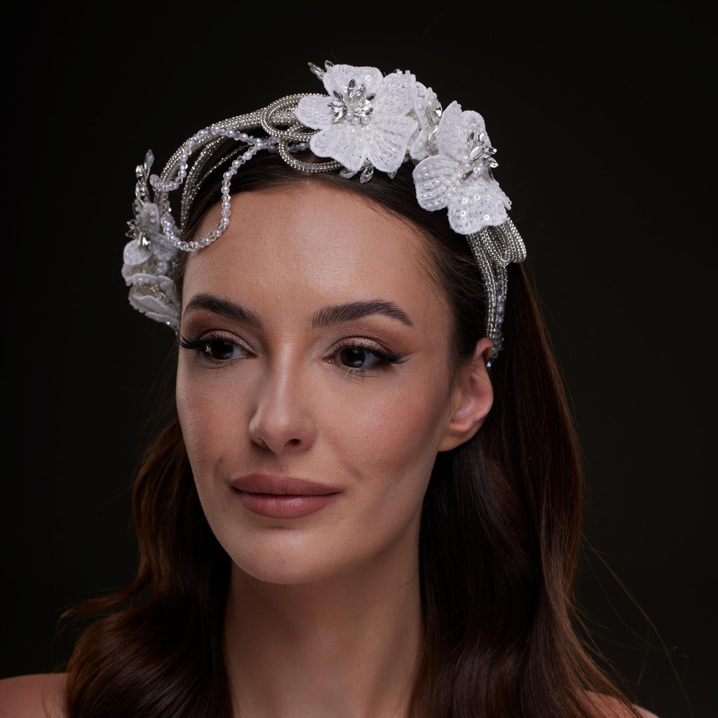 White Sequin Floral Hair Band – Bridal Port, view 6