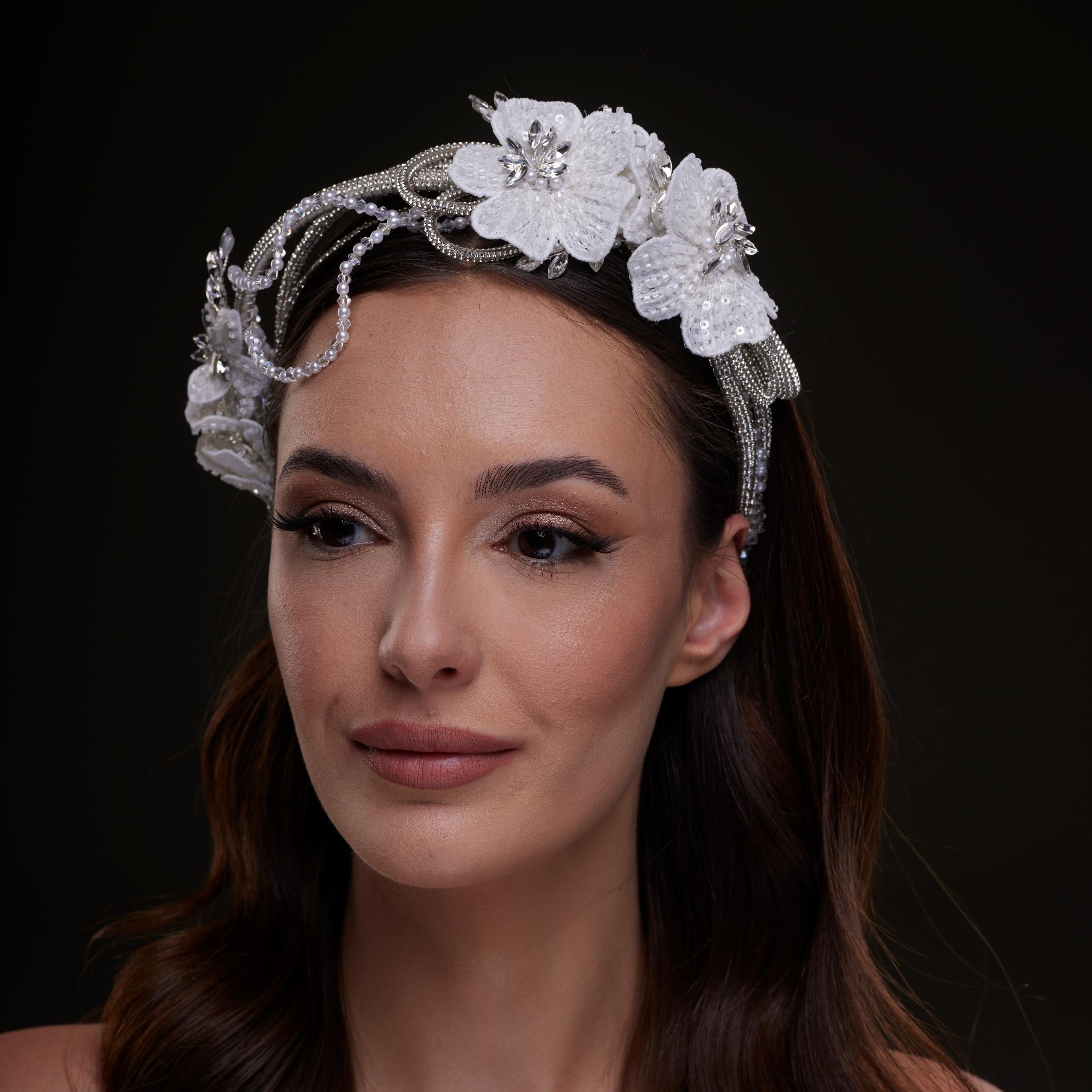 White Sequin Floral Hair Band – Bridal Port, view 6