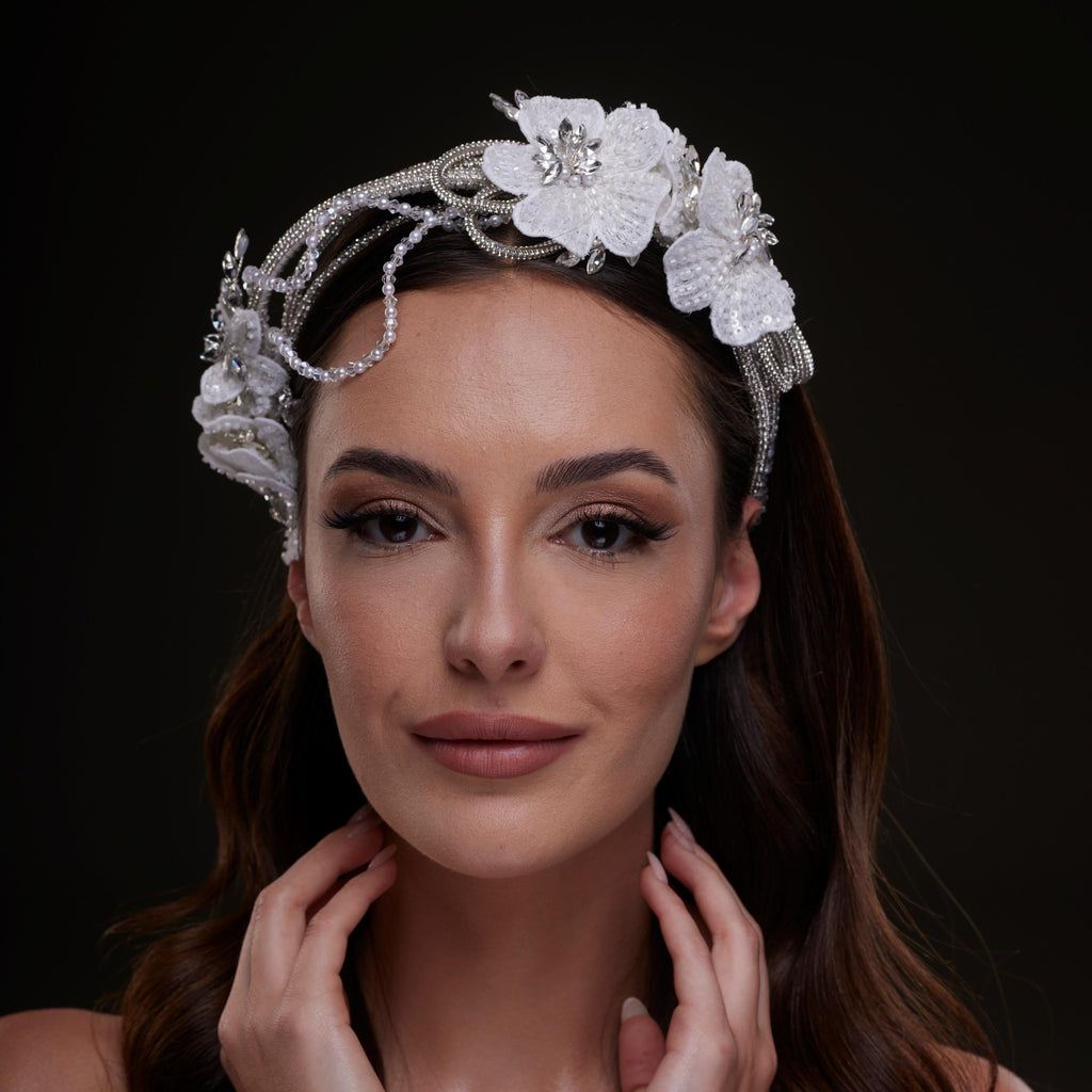 White Sequin Floral Hair Band – Bridal Port, view 7