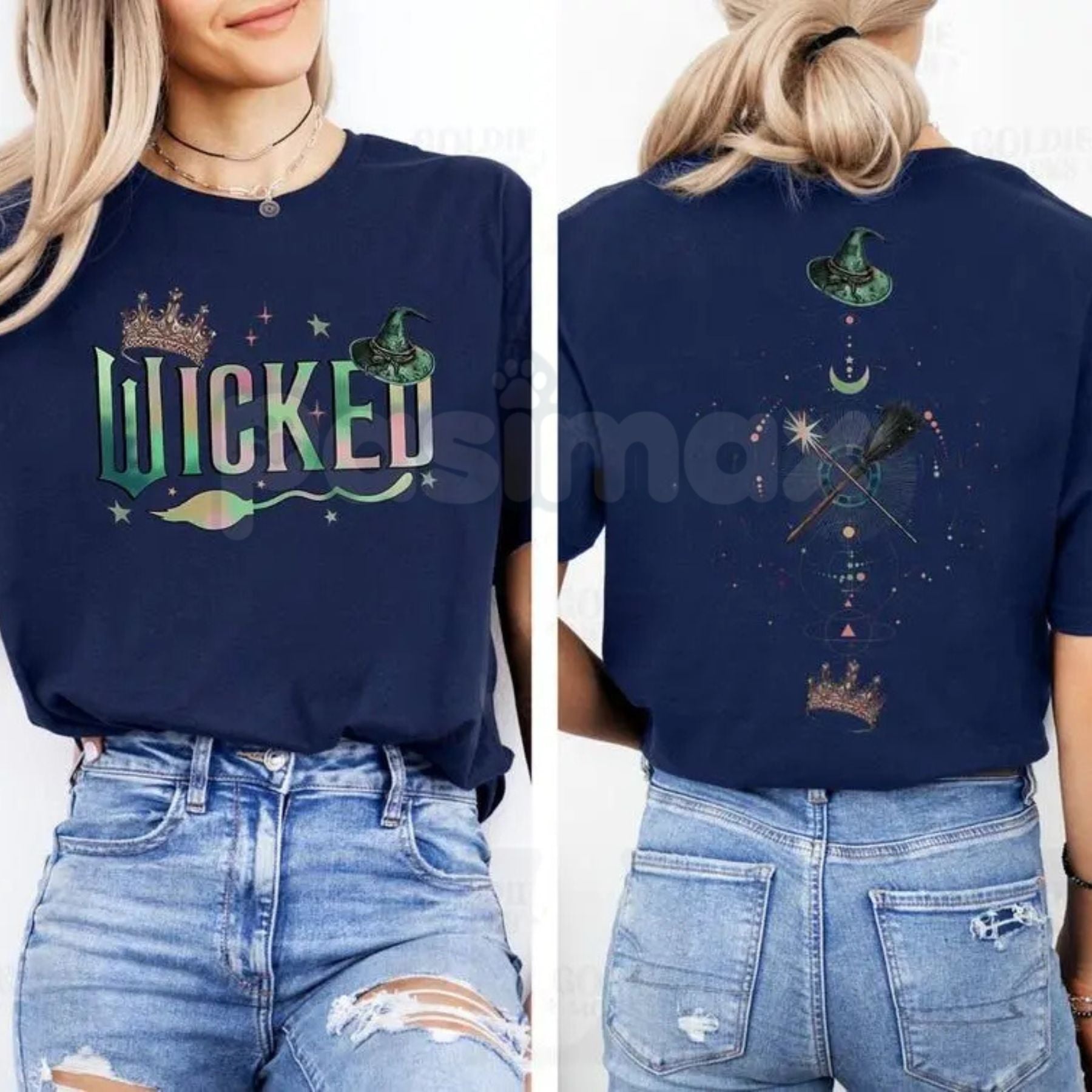 Pasimax Wicked Musical "Defy Gravity" Two-Sided T-Shirt - Broadway Fan Apparel, Elphaba Glinda Graphic Tee, Broomstick & Wand