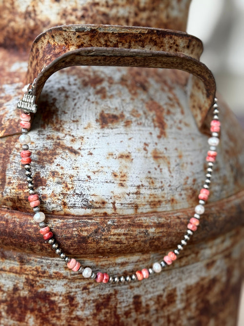 Wild Junkie Sterling Silver Wild Spirit Spiny Oyster Beaded Necklace — detail close-up
