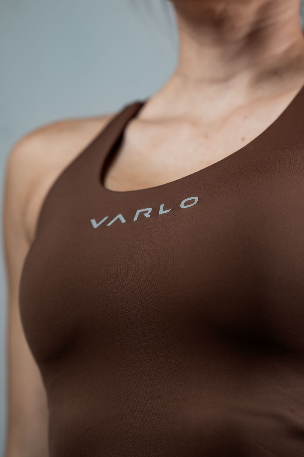 Varlo Women's SOHO Cross Back Crop Tank (City Mocha) — Varlo branding close-up