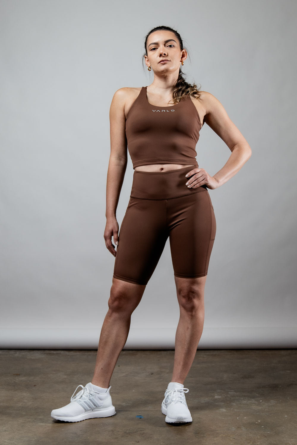 Varlo Women's SOHO Cross Back Crop Tank (City Mocha) — lifestyle worn / used context